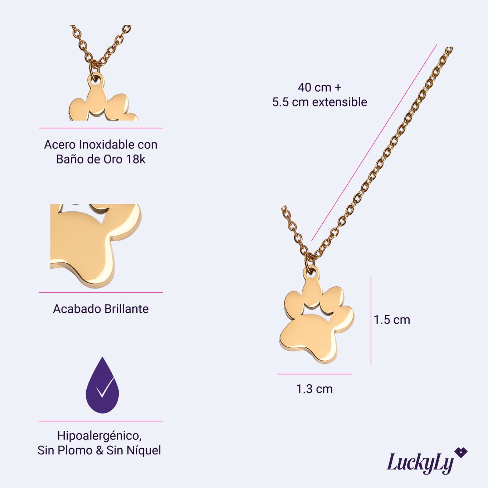 LuckyLy Collar para Mujer con Dije de Huella de Perro, Cadena de Acero Inoxidable con Baño de Oro 18k, Modelo UNITALLA