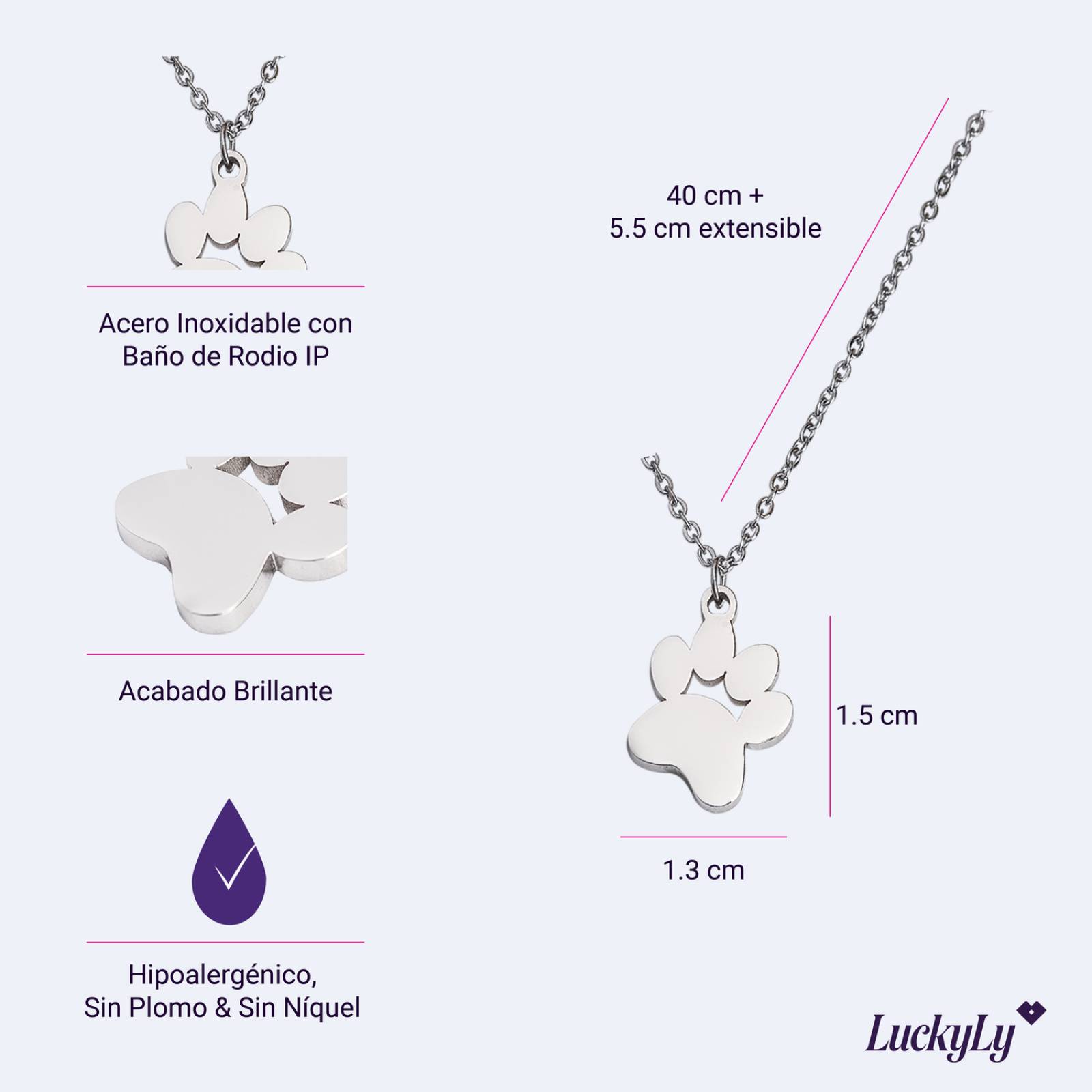 LuckyLy Collar para Mujer con Dije de Huella de Perro, Cadena de Acero Inoxidable con Baño de Oro 18k, Plata UNITALLA
