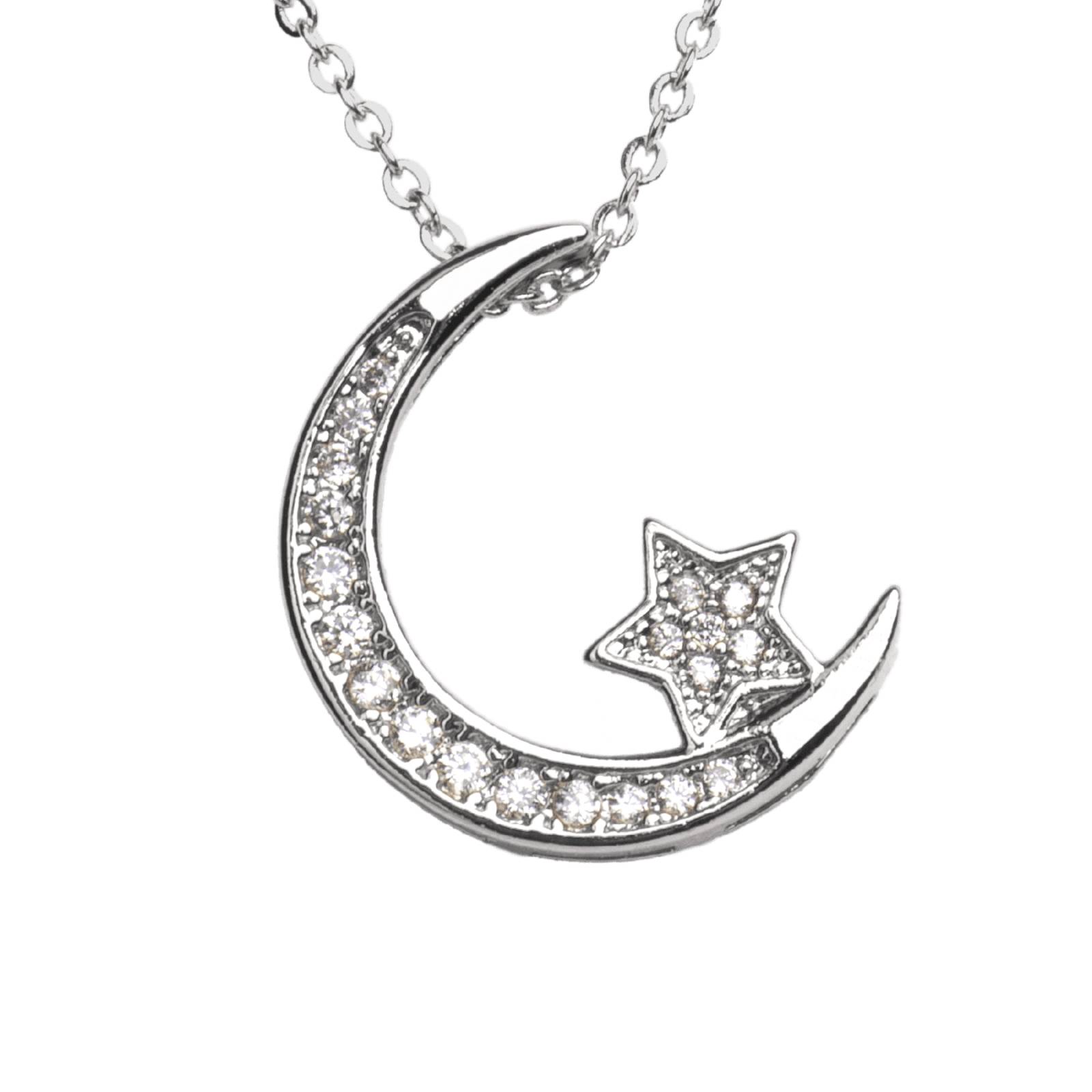 LuckyLy Collar para Mujer de Luna y Estrella con Zirconia Cúbica, Baño de Oro 14k, Cadena con Dije Plata UNITALLA