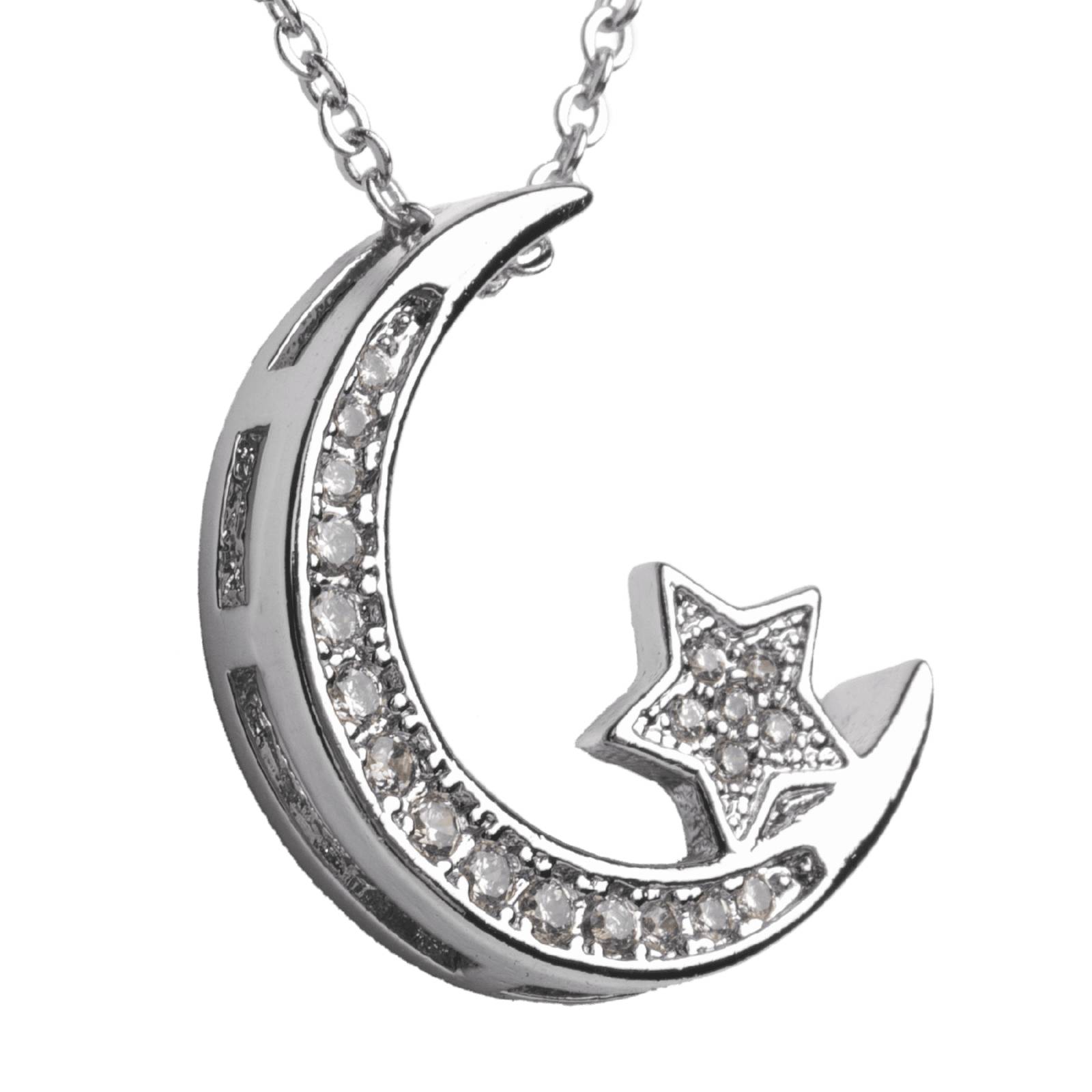LuckyLy Collar para Mujer de Luna y Estrella con Zirconia Cúbica, Baño de Oro 14k, Cadena con Dije Plata UNITALLA