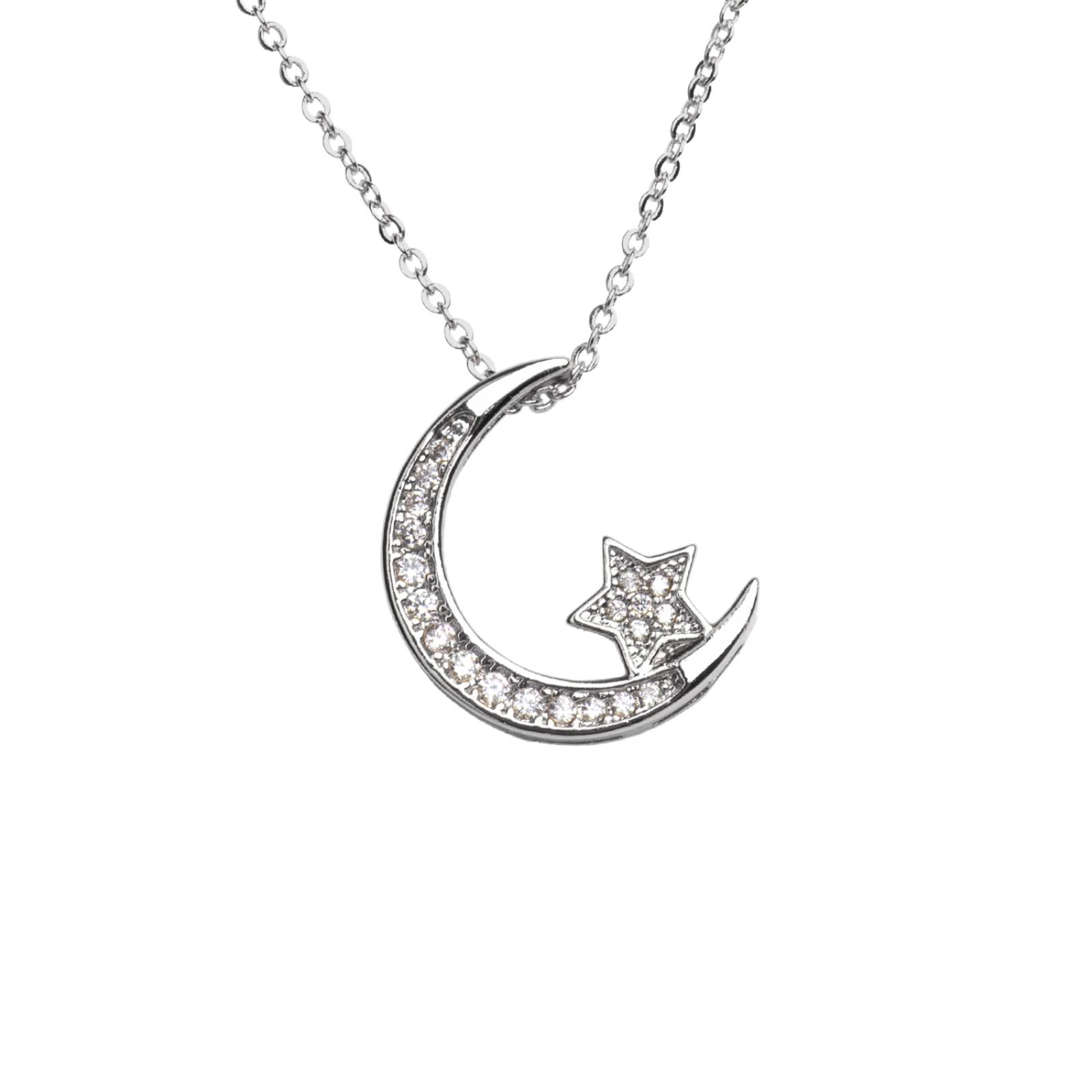 LuckyLy Collar para Mujer de Luna y Estrella con Zirconia Cúbica, Baño de Oro 14k, Cadena con Dije Plata UNITALLA