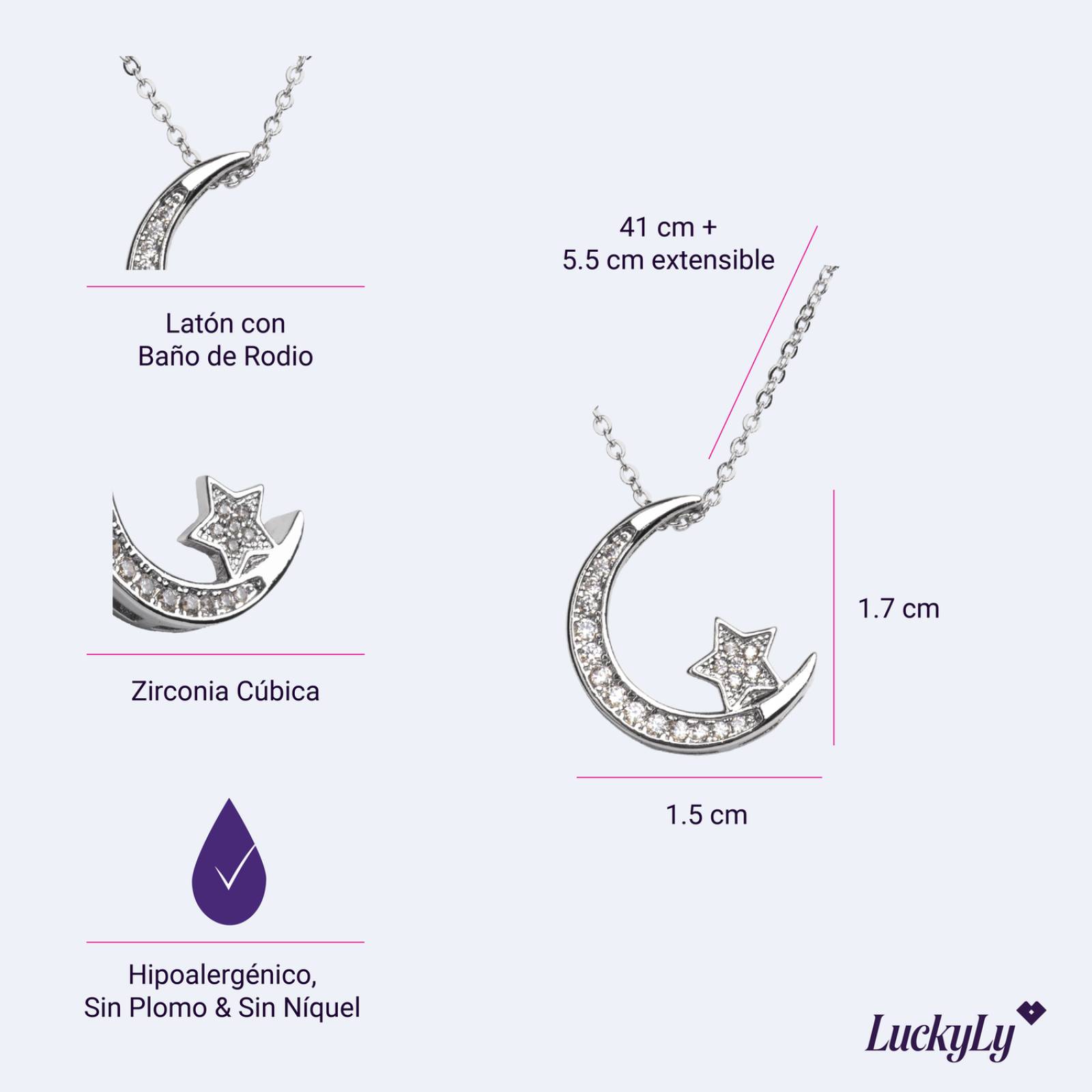 LuckyLy Collar para Mujer de Luna y Estrella con Zirconia Cúbica, Baño de Oro 14k, Cadena con Dije Plata UNITALLA