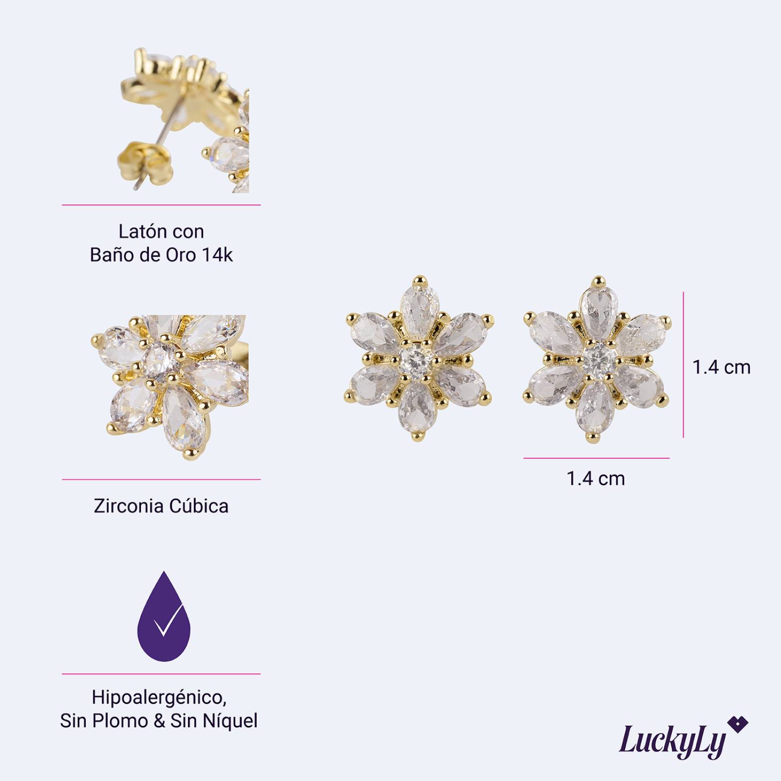 LuckyLy Aretes de Oro 14k para Mujer con Zirconia Cúbica, Modelo Gia