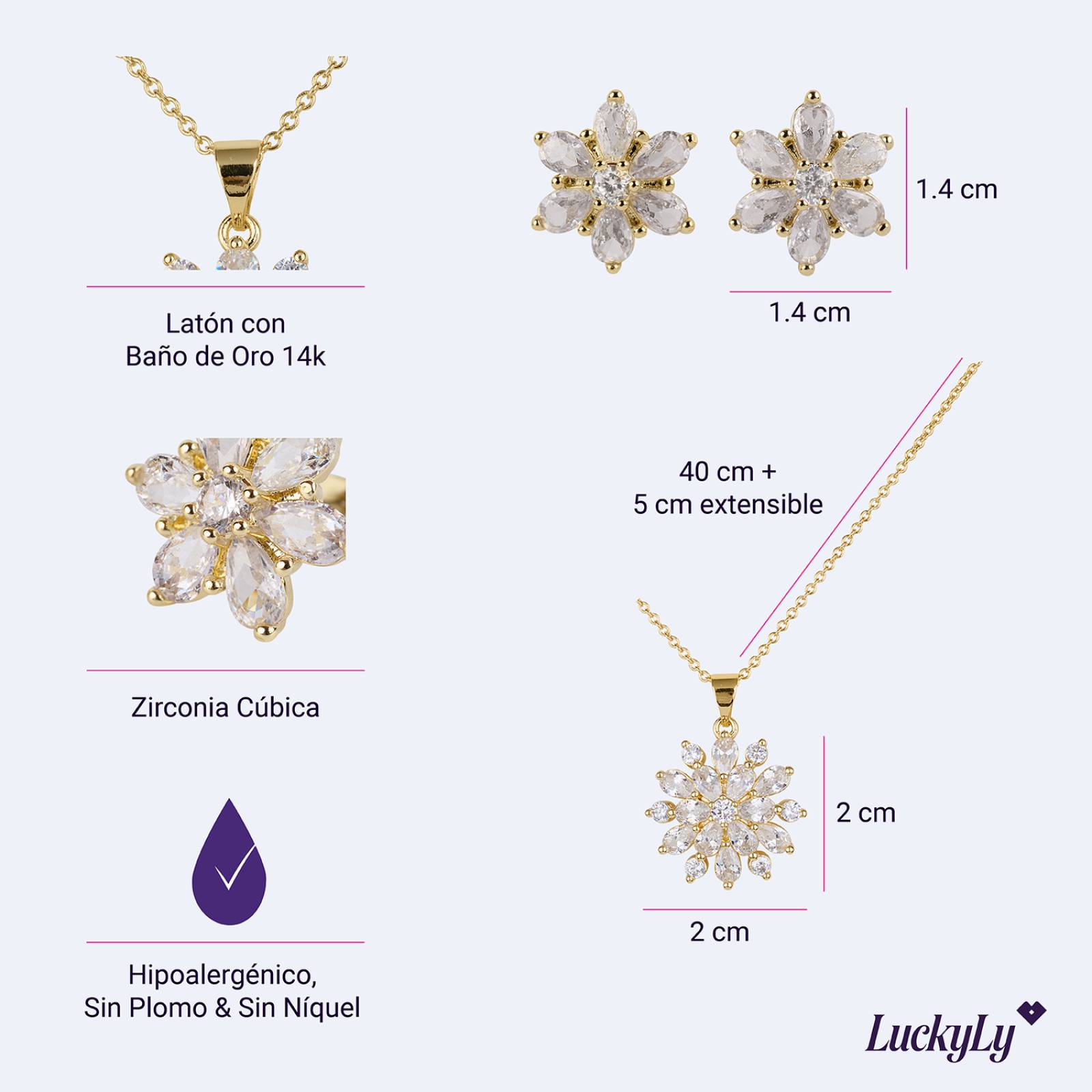 LuckyLy Set de Joyería para Mujer de Oro 14k con Zirconia Cúbica, Juego de Collar y Aretes Mujer, Modelo Gia 