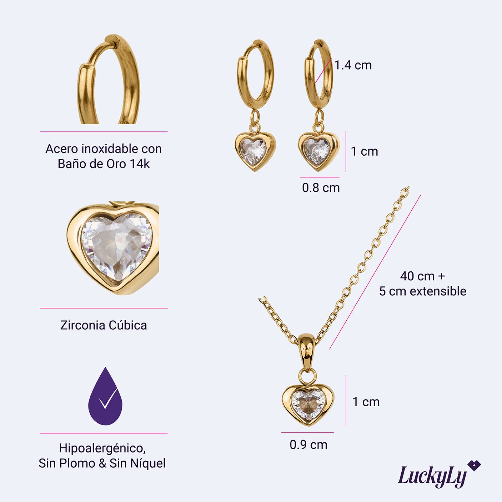 LuckyLy Set de Joyería para Mujer Corazón con Zirconia, Collar y Aretes Acero Inoxidable con Baño Oro 14k, UNITALLA