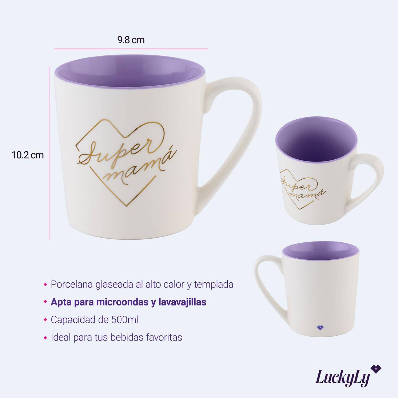LuckyLy Tazas para Café Divertidas para Mamá de 500ml, Grandes y Originales, Modelo Mom, Super Blanco Supermamá