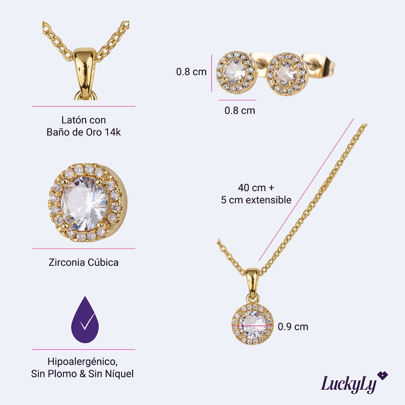 LuckyLy Set de Joyería para Mujer Oro 14k con Zirconia Cúbica, Juego de Collar y Aretes Mujer, Modelo Judy UNITALLA