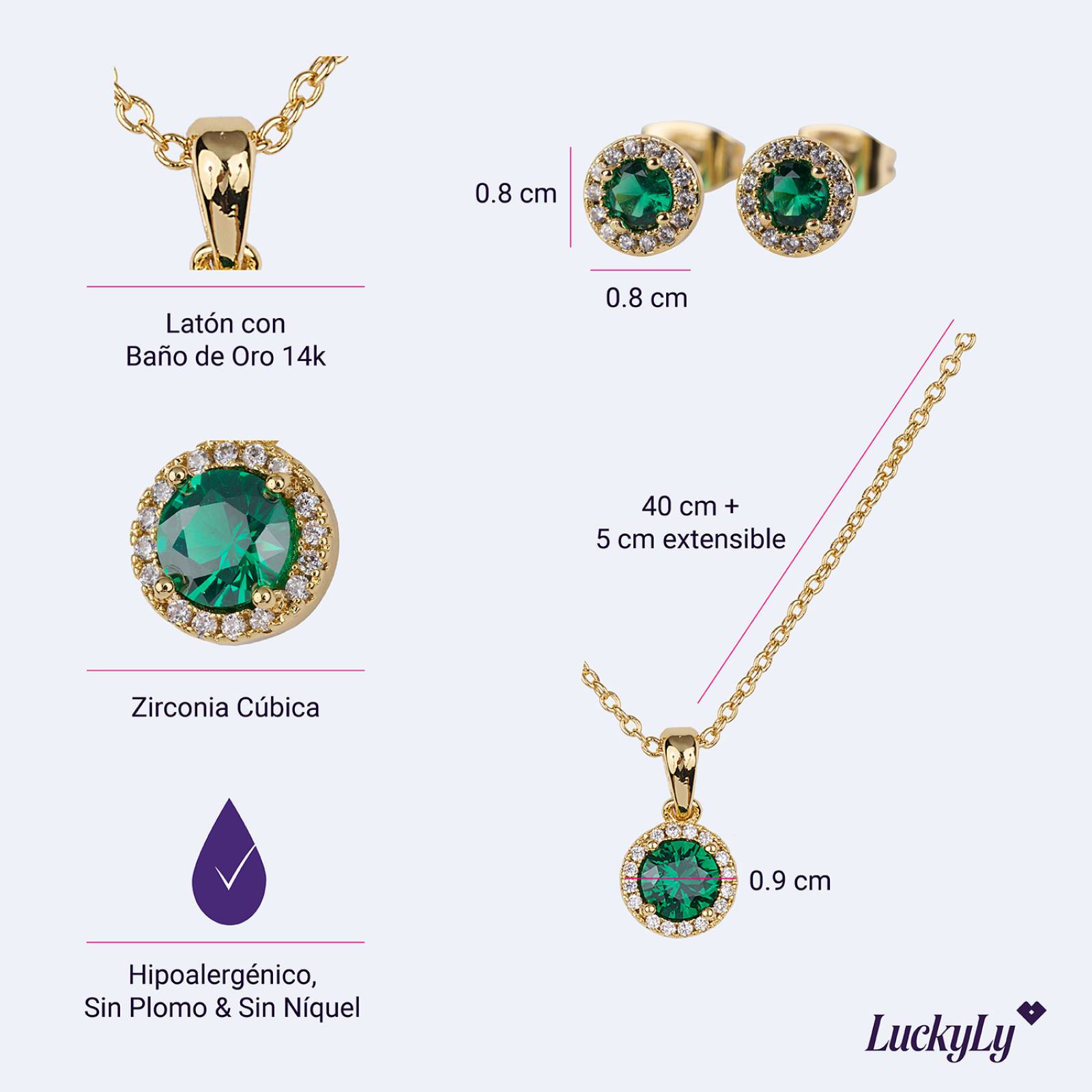 LuckyLy Set de Joyería para Mujer Oro 14k con Zirconia Cúbica, Juego de Collar y Aretes Mujer, Modelo Esmeralda UNITALLA