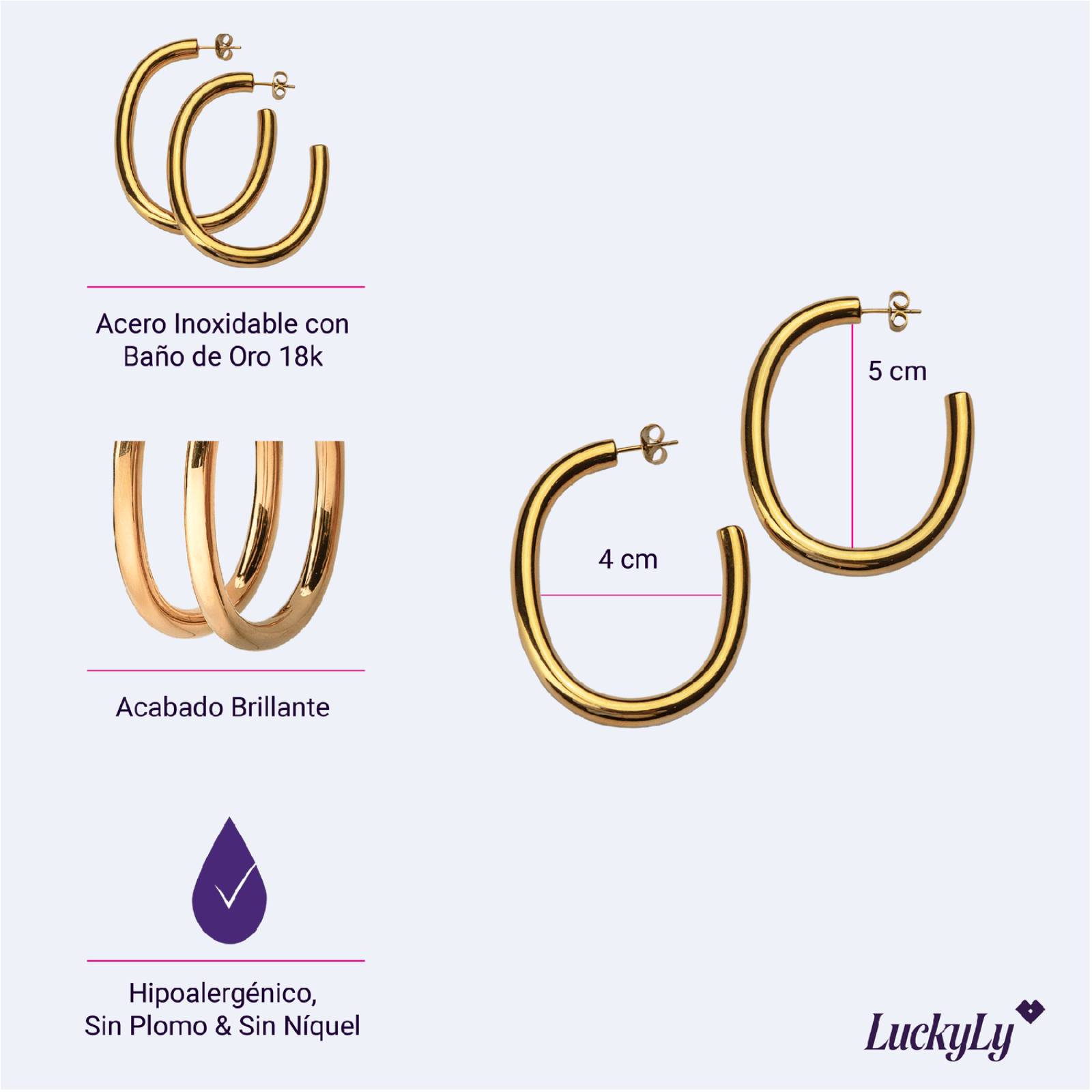 LuckyLy Aretes de Mujer Oro 18k, Arracadas de Acero Inoxidable con Baño de Oro 18k, Modelo Kendra UNITALLA