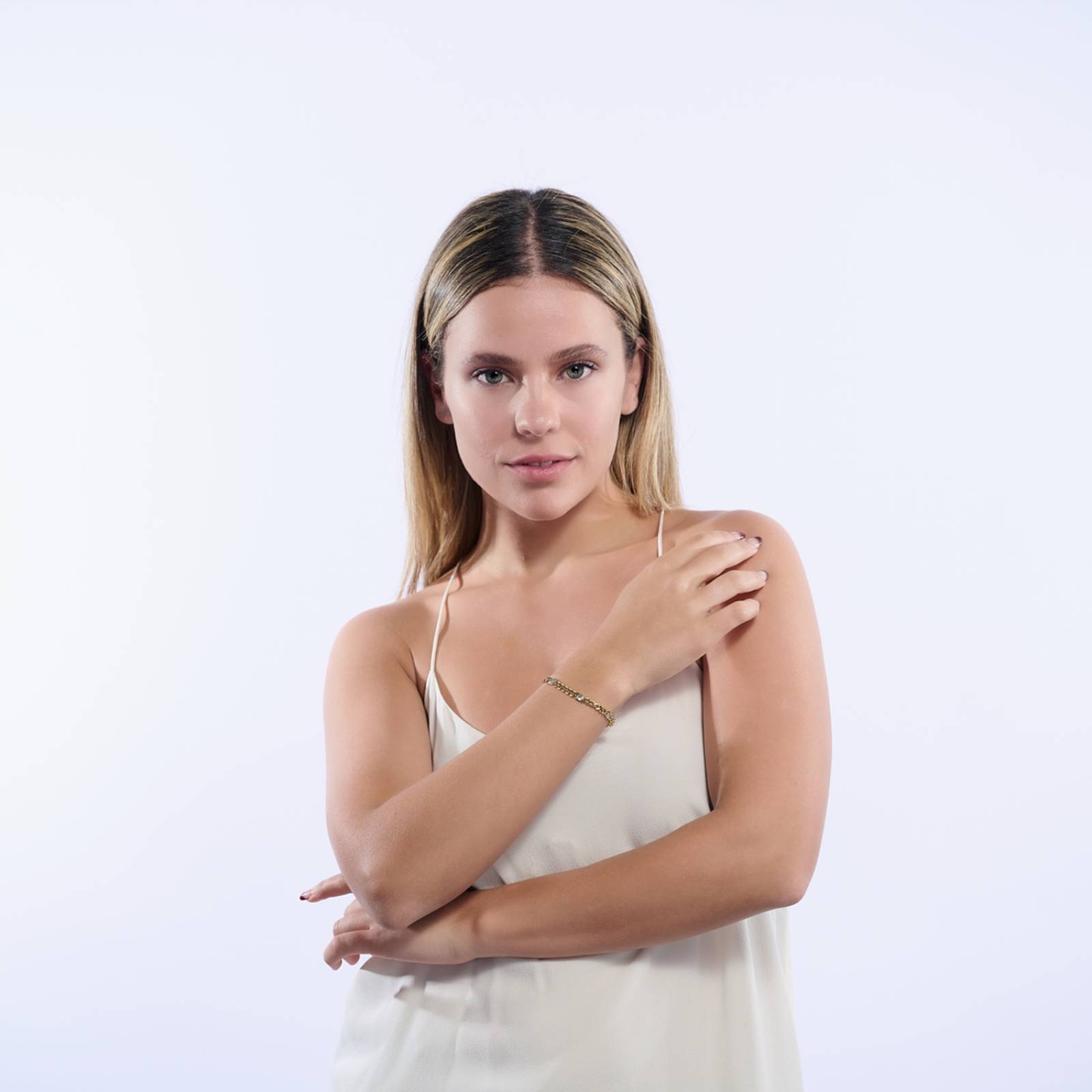 LuckyLy Pulsera Mujer de Cadena con Zirconia Cúbica tipo Cubana, Acero Inoxidable con Baño de Oro 14k, Modelo UNITALLA