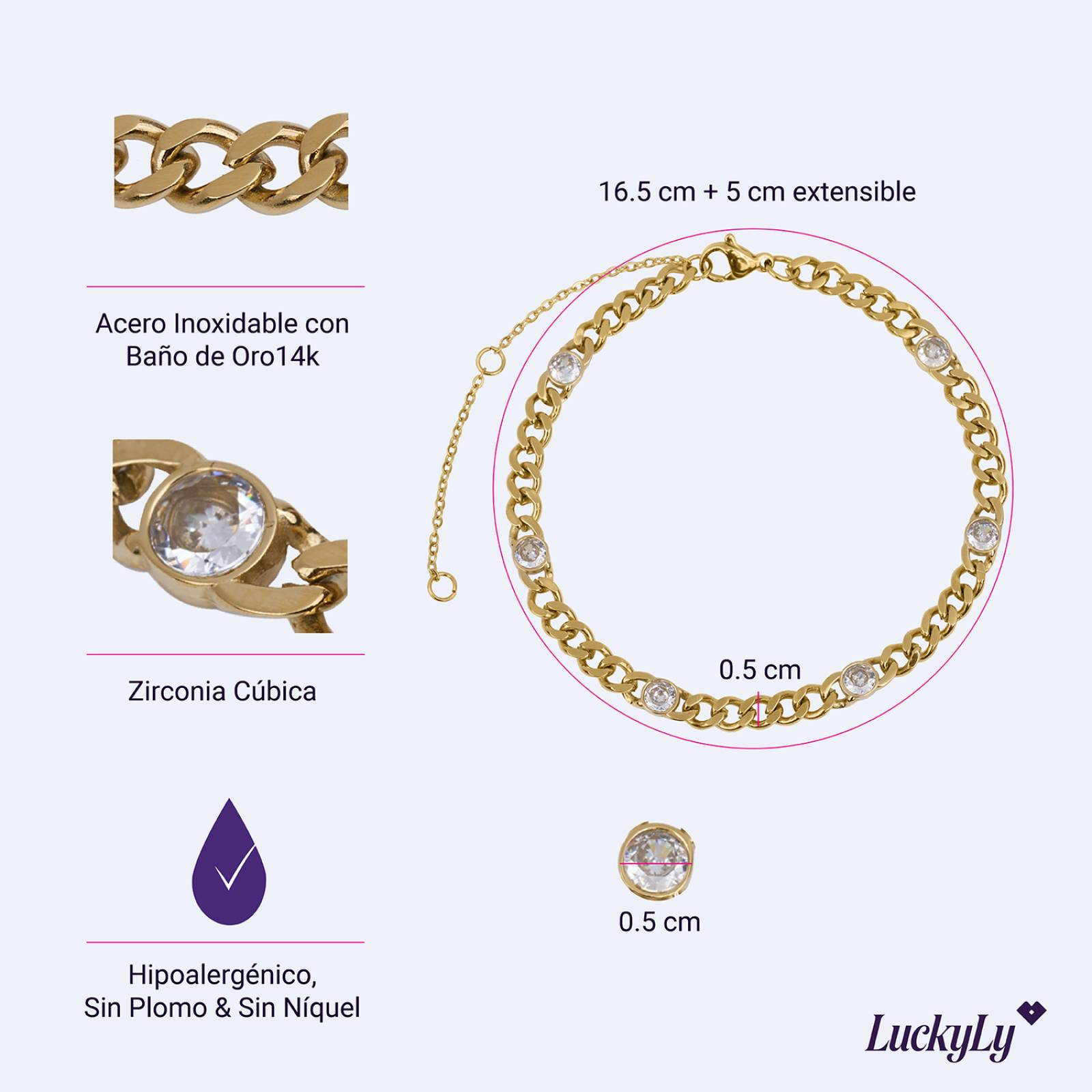 LuckyLy Pulsera Mujer de Cadena con Zirconia Cúbica tipo Cubana, Acero Inoxidable con Baño de Oro 14k, Modelo UNITALLA