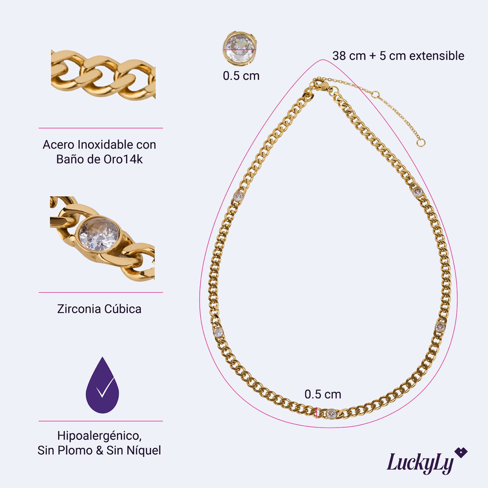 LuckyLy Cadena con Zirconia Cúbica tipo Cubana, Collar Mujer de Acero Inoxidable con Baño de Oro 14k, Modelo UNITALLA