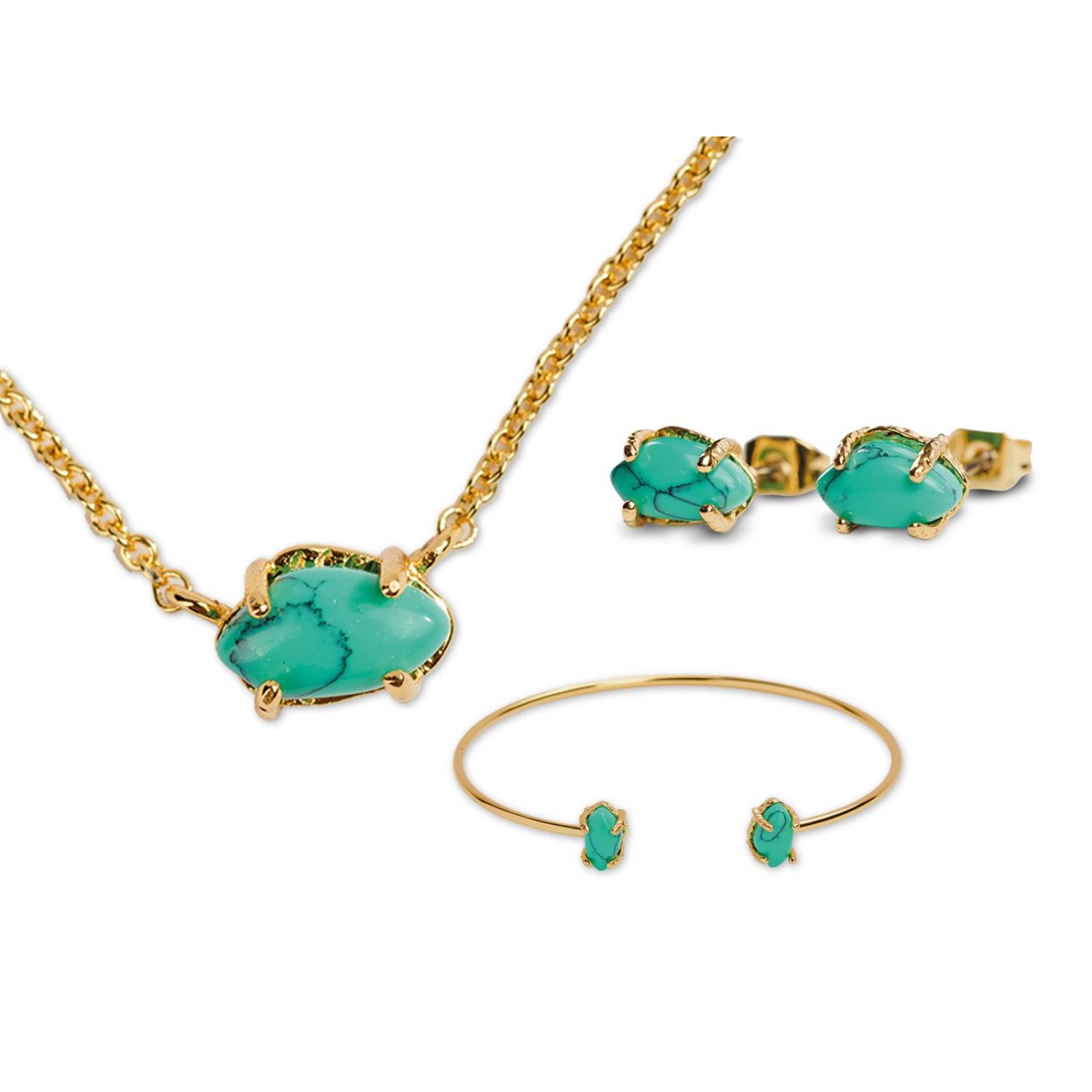 LuckyLy Set Juego de Joyería para Mujer con Turquesa, Collar, Aretes y Brazalete con Baño de Turquesa con Oro UNITALLA