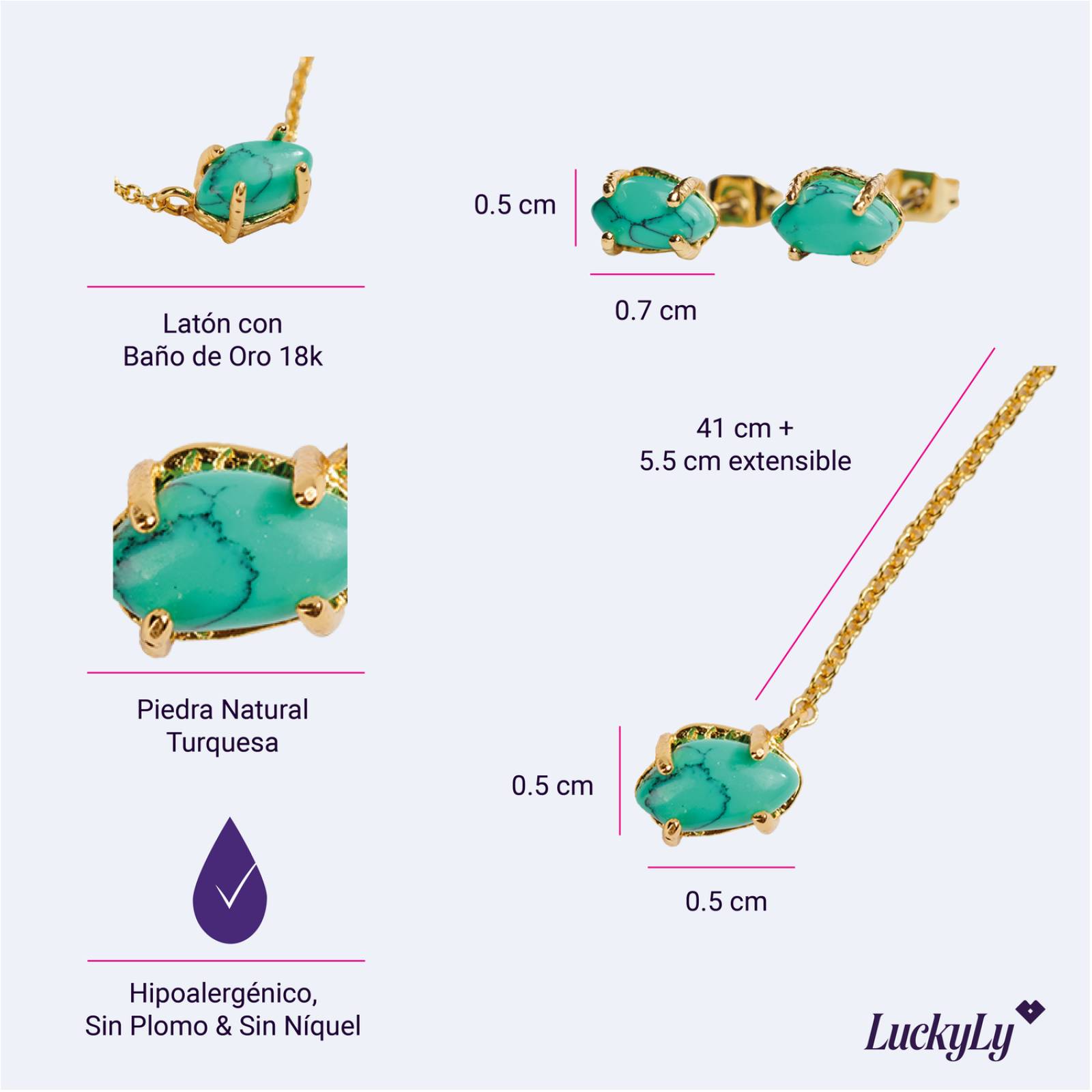 LuckyLy Set Juego de Joyería para Mujer con Turquesa, Collar, Aretes y Brazalete con Baño de Turquesa con Oro UNITALLA