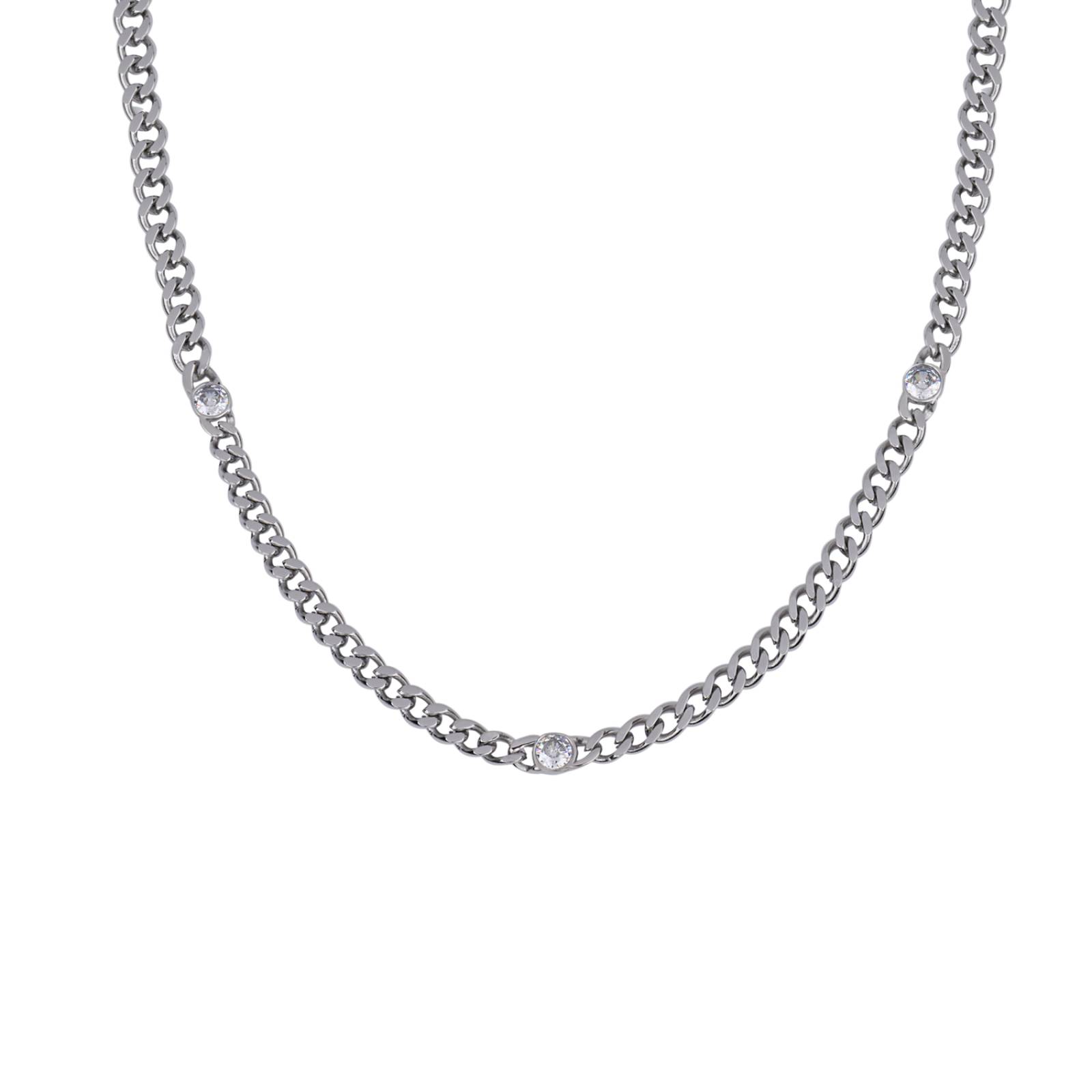 LuckyLy Cadena con Zirconia Cúbica tipo Cubana, Collar Mujer de Acero Inoxidable con Baño de Oro 14k, Plata UNITALLA