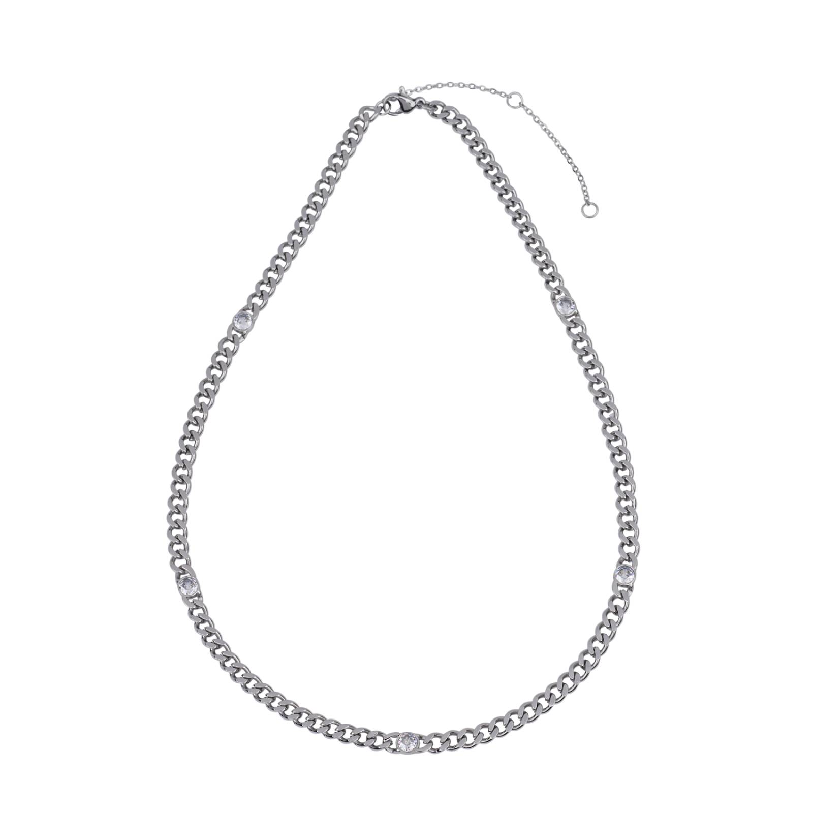 LuckyLy Cadena con Zirconia Cúbica tipo Cubana, Collar Mujer de Acero Inoxidable con Baño de Oro 14k, Plata UNITALLA