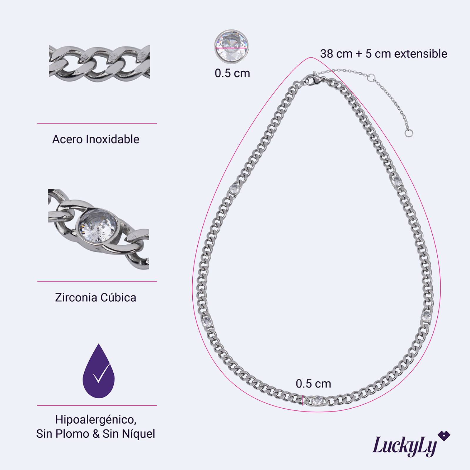 LuckyLy Cadena con Zirconia Cúbica tipo Cubana, Collar Mujer de Acero Inoxidable con Baño de Oro 14k, Plata UNITALLA