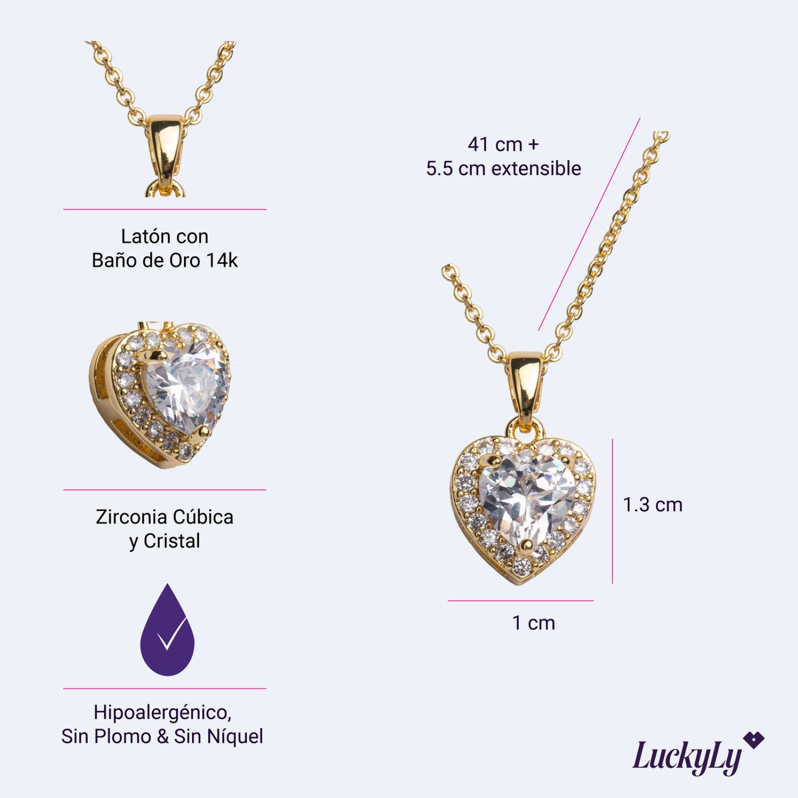LuckyLy Collar para Mujer de Corazón con Cristal y Zirconia Cúbica, Baño de Oro 14k, Modelo Adora UNITALLA
