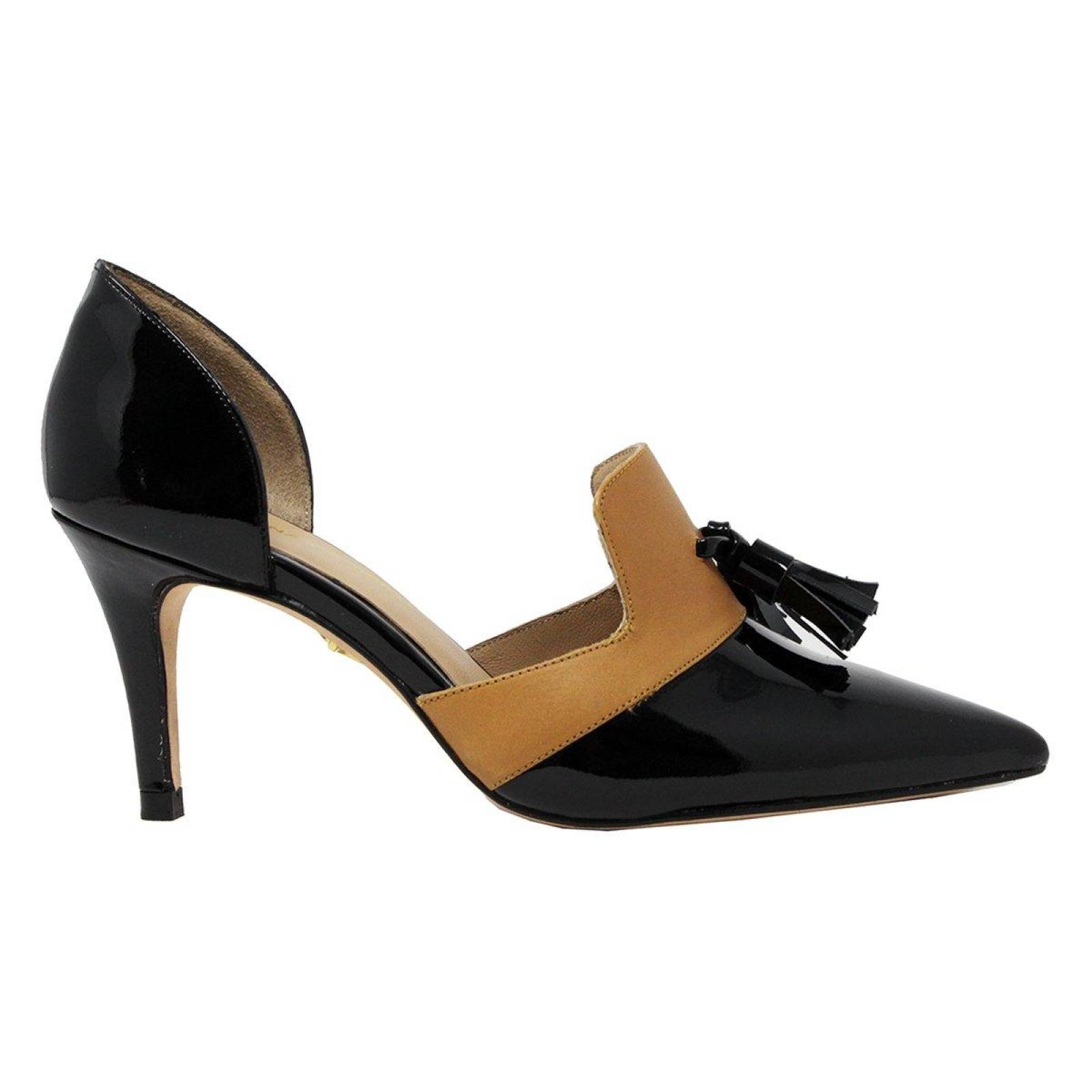 STELLA 75 - Negro y Mostaza Regina Romero Zapato Zapatilla Tacon Alto para Dama en Piel 