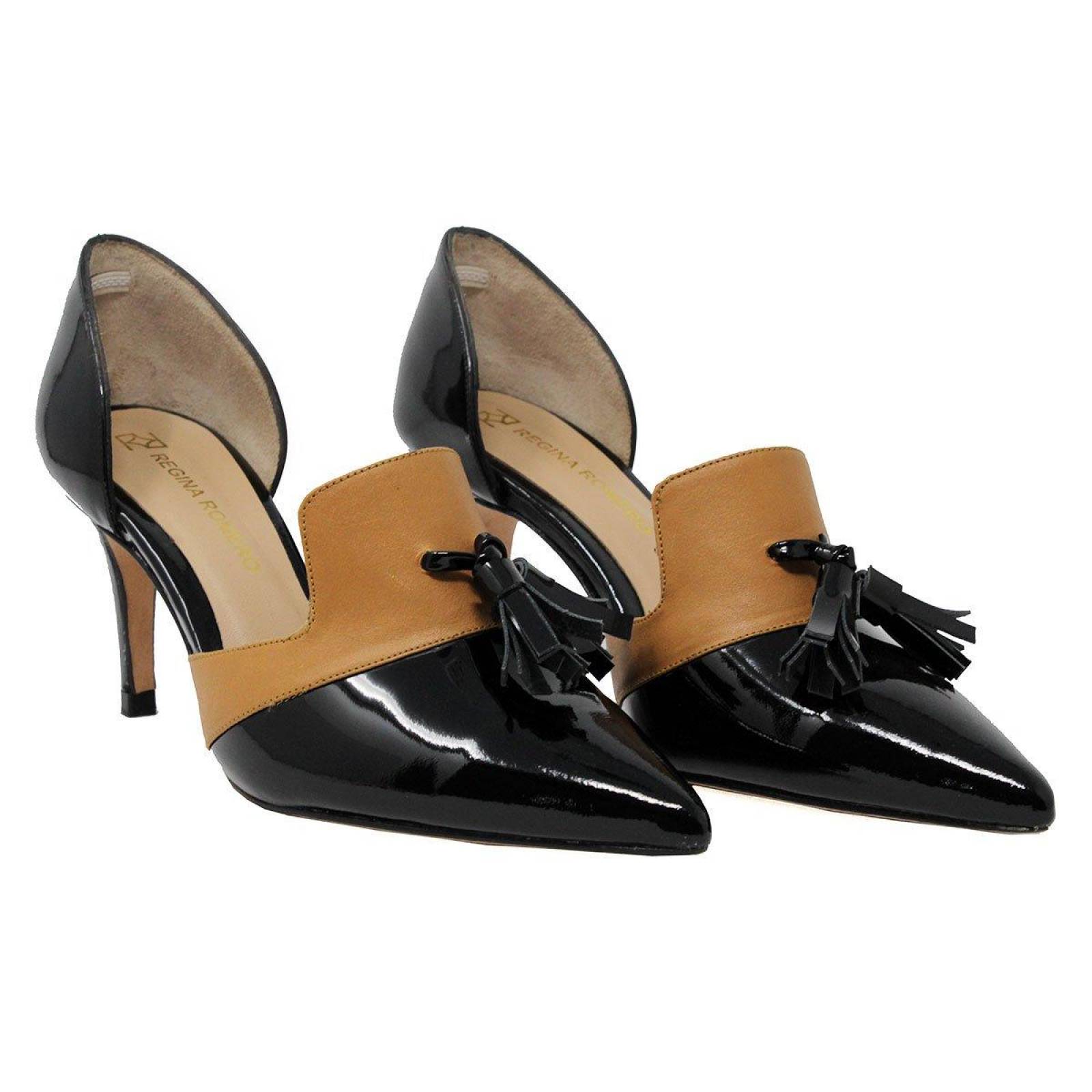 STELLA 75 - Negro y Mostaza Regina Romero Zapato Zapatilla Tacon Alto para Dama en Piel 