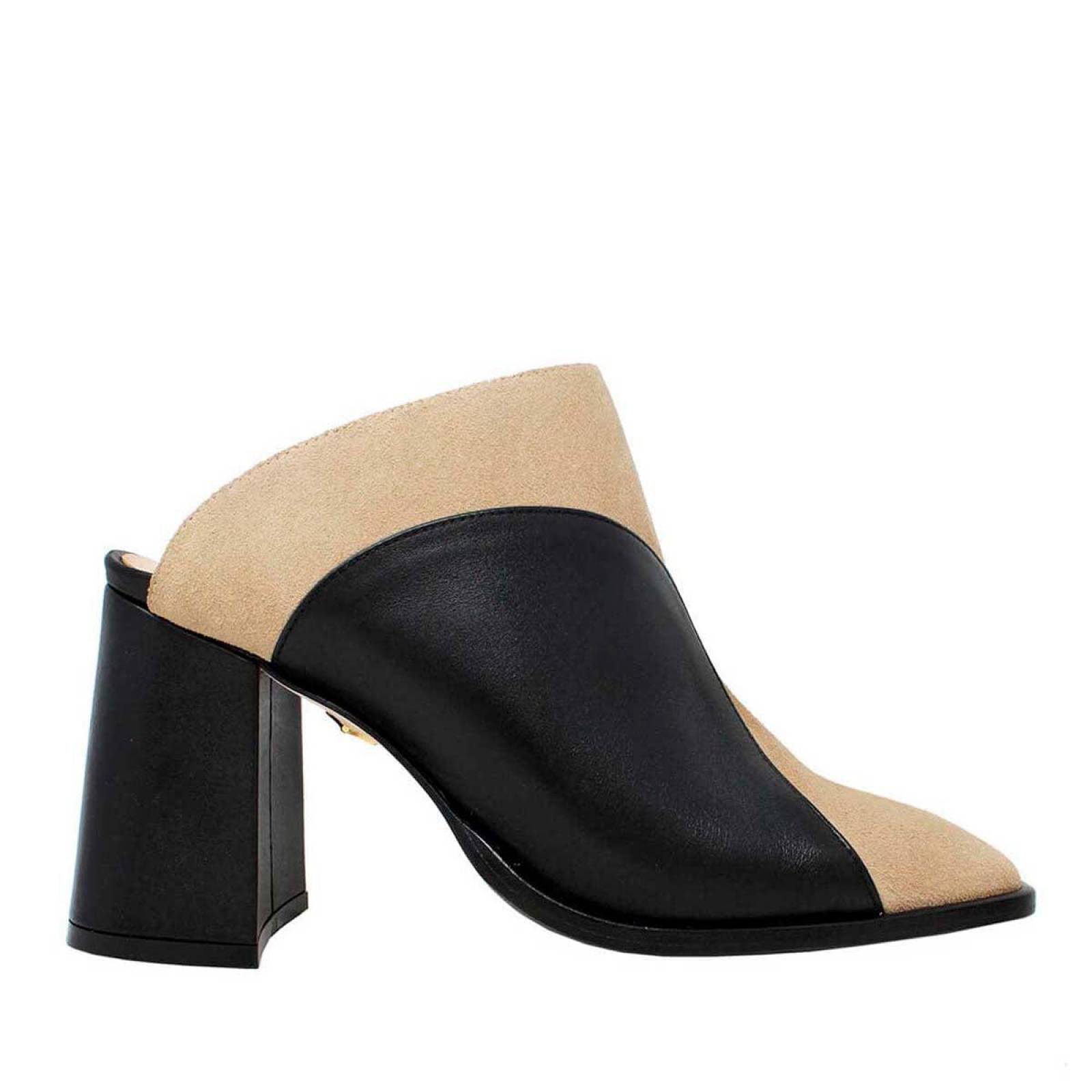 DIDI 75 - Negro y Chai Regina Romero Zapato Bota Botin Mule Tacon Alto para Dama en Piel 