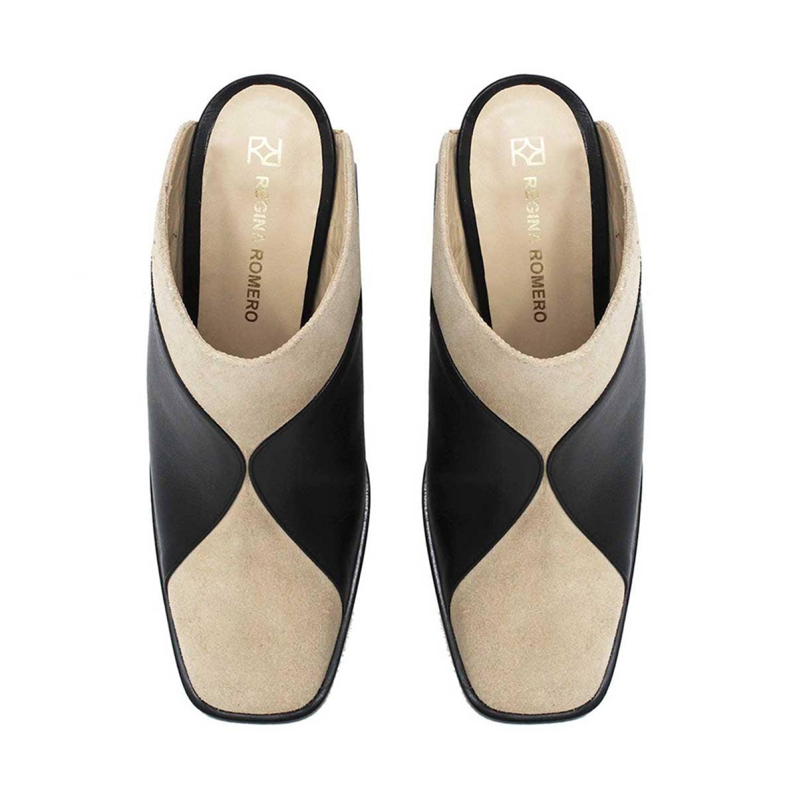 DIDI 75 - Negro y Chai Regina Romero Zapato Bota Botin Mule Tacon Alto para Dama en Piel 