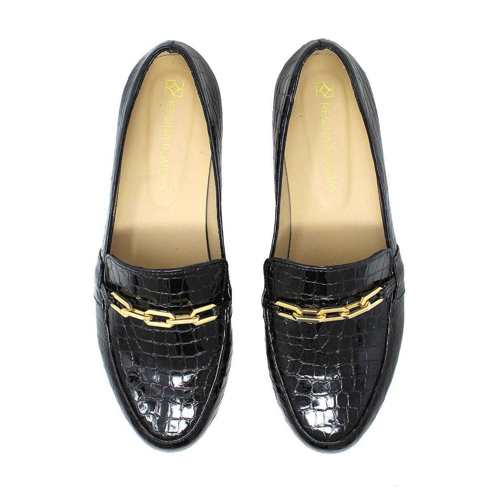 RUBY - Negro Regina Romero Zapato Mocasin de Piso para Dama en Piel 