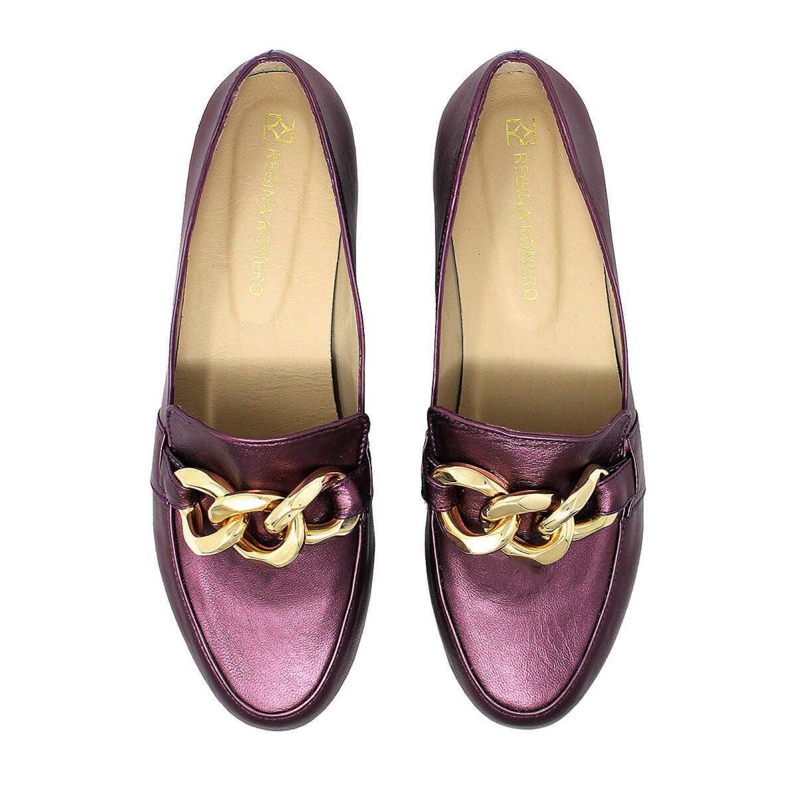 ALINE - Vino Regina Romero Zapato Mocasin de Piso para Dama en Piel 