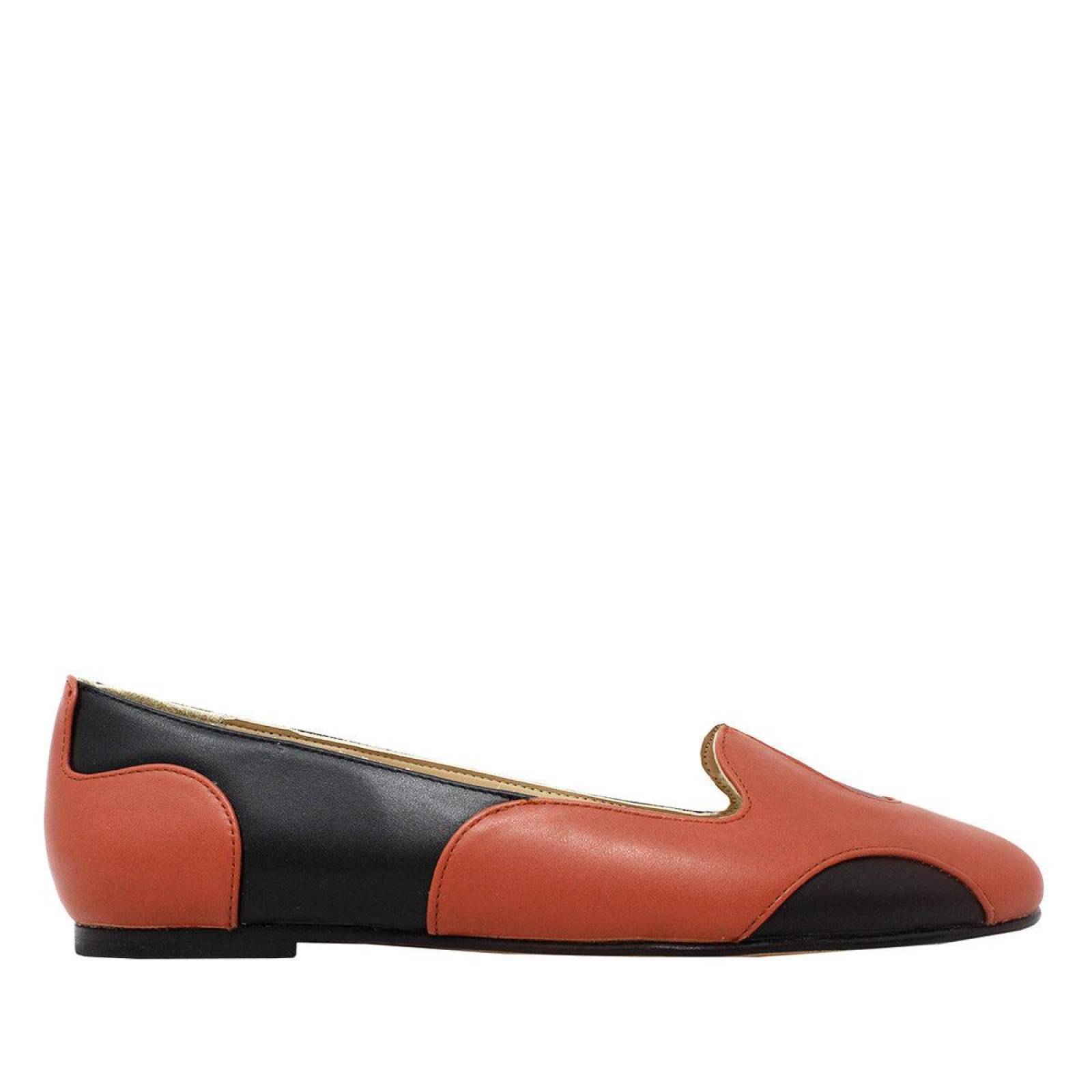 CAROLA - Negro y Terracota Regina Romero Zapato Flat Balerina de Piso para Dama en Piel 