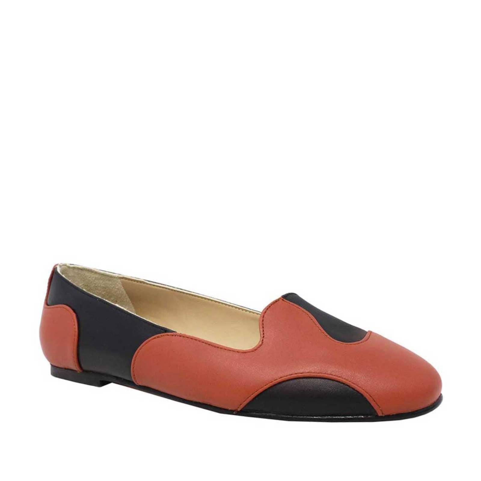 CAROLA - Negro y Terracota Regina Romero Zapato Flat Balerina de Piso para Dama en Piel 