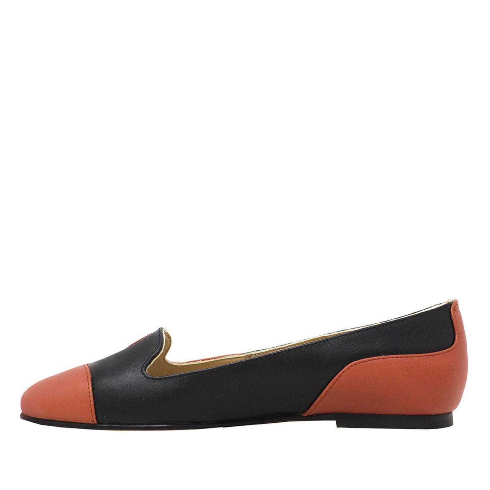 CAROLA - Negro y Terracota Regina Romero Zapato Flat Balerina de Piso para Dama en Piel 