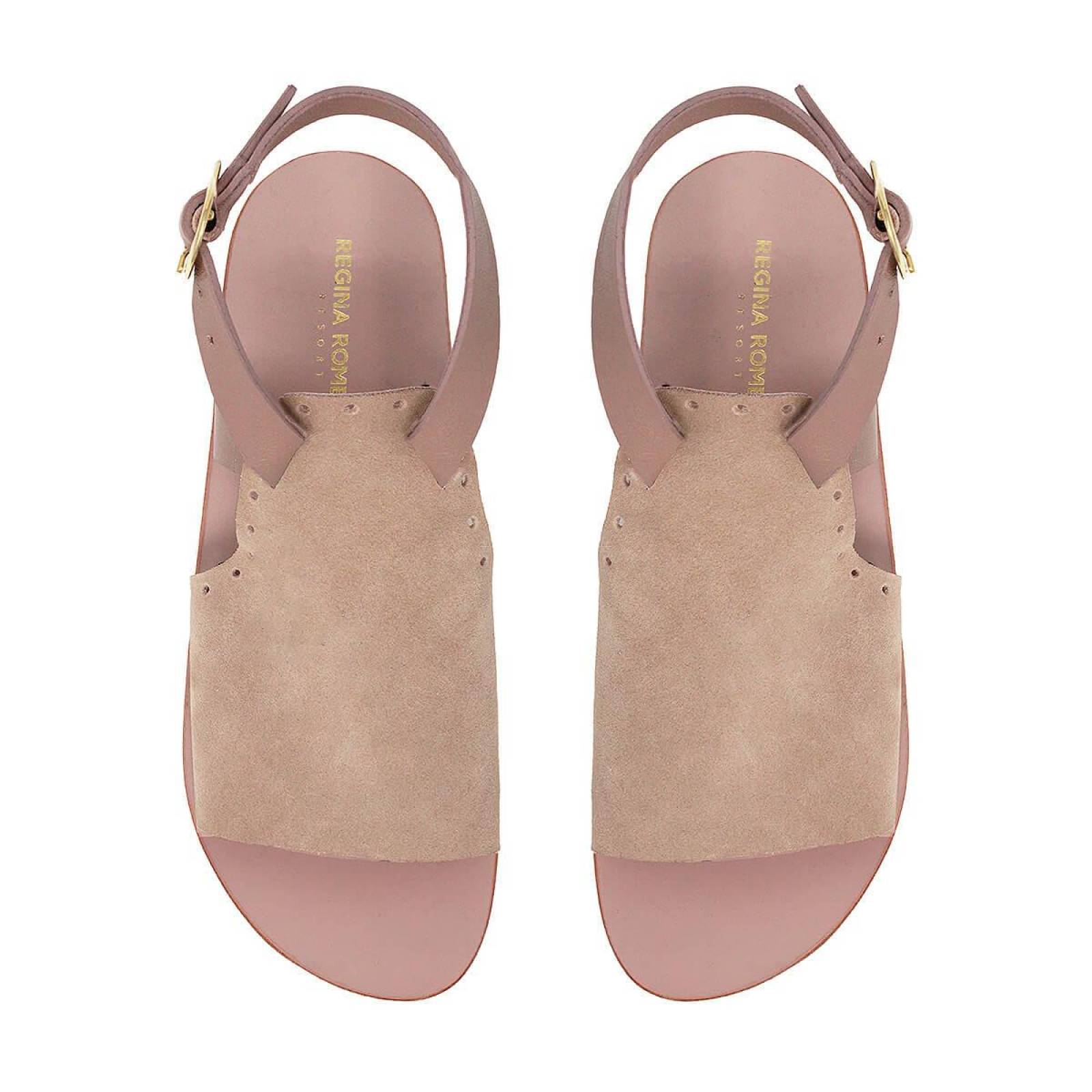 MACARENA - Gamuza Rosa Regina Romero Resort Zapato Sandalia de Piso para Dama en Piel 