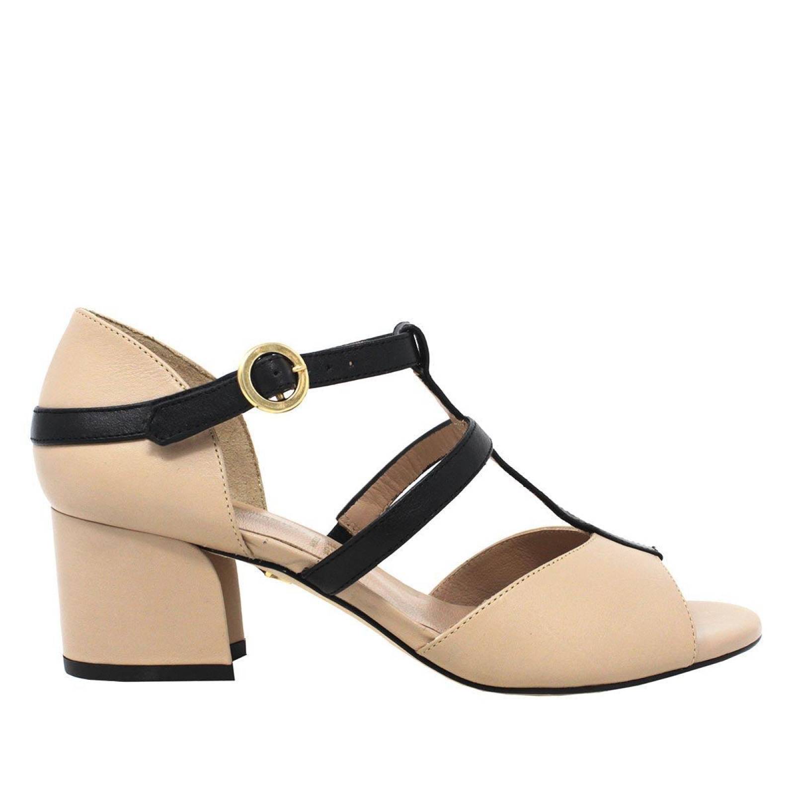 VALERY 55 - Beige y Negro Regina Romero Zapato Sandalia Zapatilla Tacon Bajo para Dama en Piel 