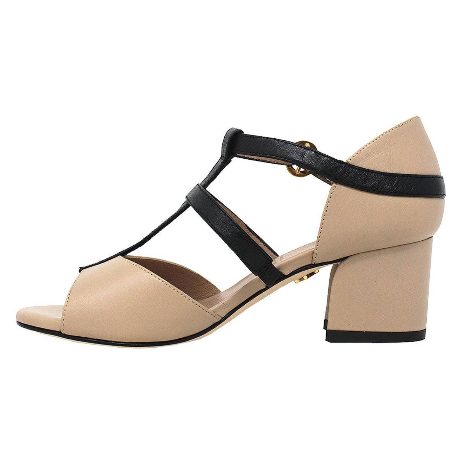 VALERY 55 - Beige y Negro Regina Romero Zapato Sandalia Zapatilla Tacon Bajo para Dama en Piel 
