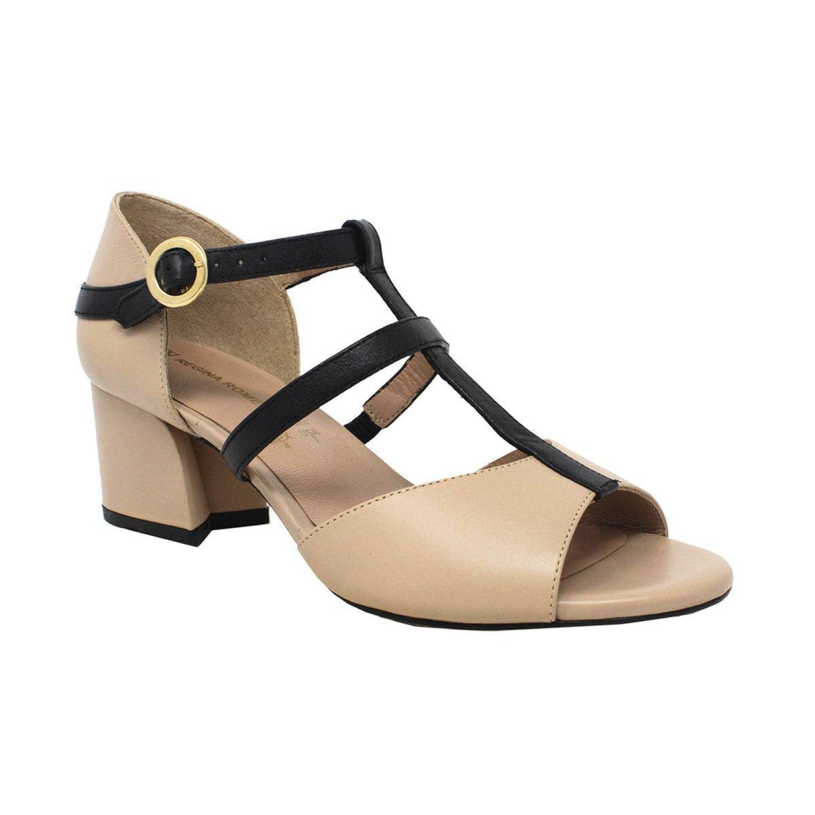 VALERY 55 - Beige y Negro Regina Romero Zapato Sandalia Zapatilla Tacon Bajo para Dama en Piel 