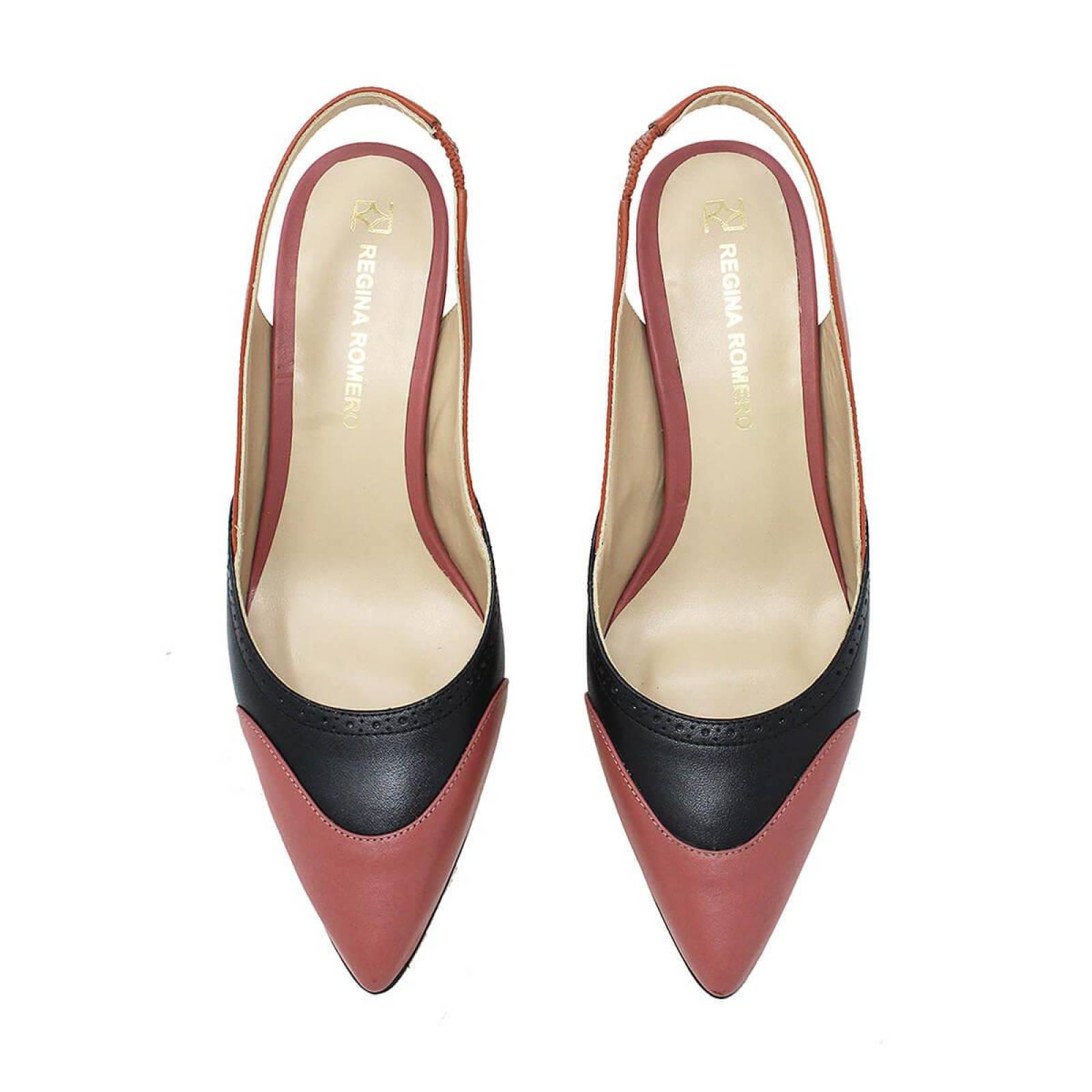 LISA 50 - Negro y Terracota Regina Romero Zapato Zapatilla Tacon Bajo para Dama en Piel 