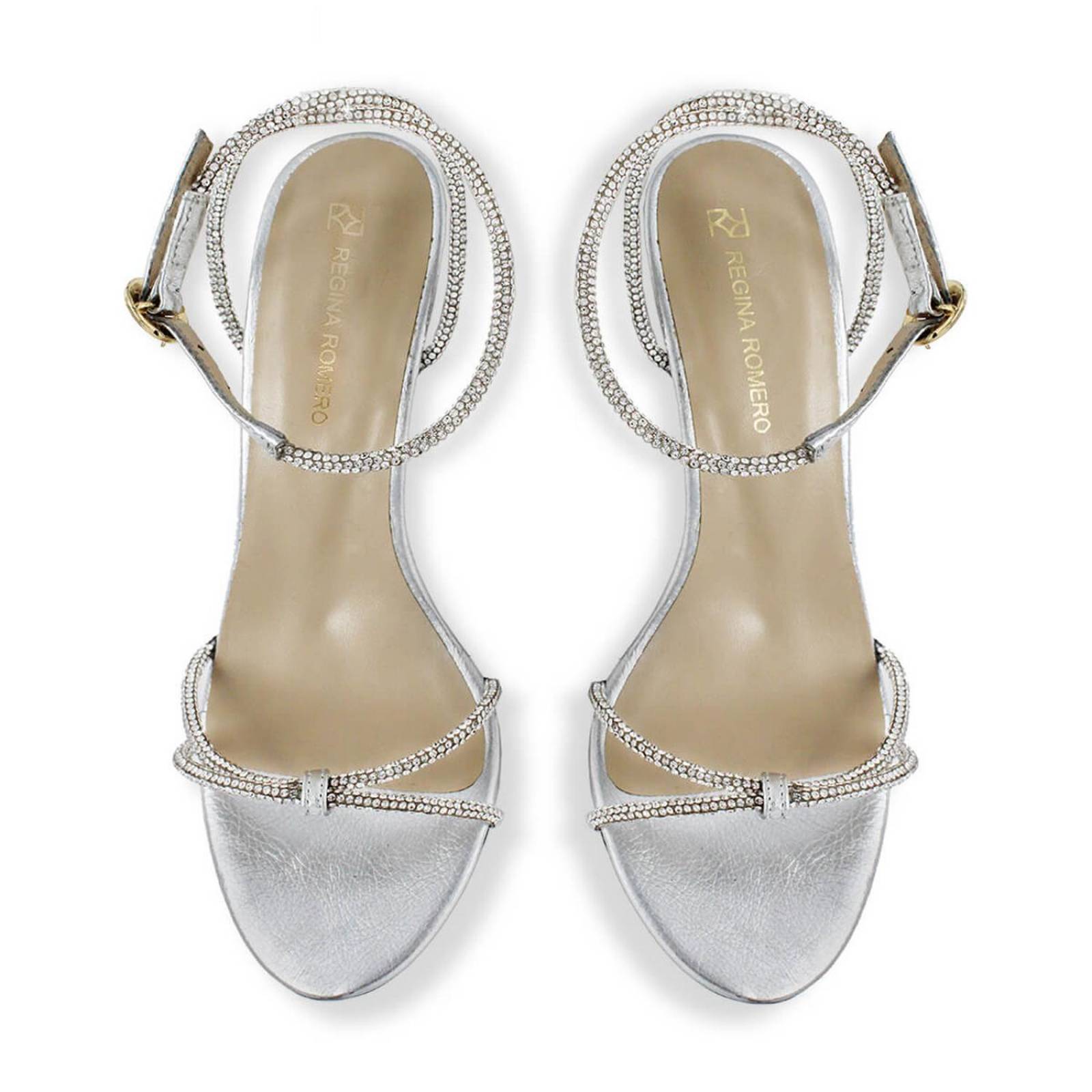 ELOISE 85 GLAM - Plata Regina Romero Zapato Sandalia Zapatilla Tacon Alto para Dama en Piel 