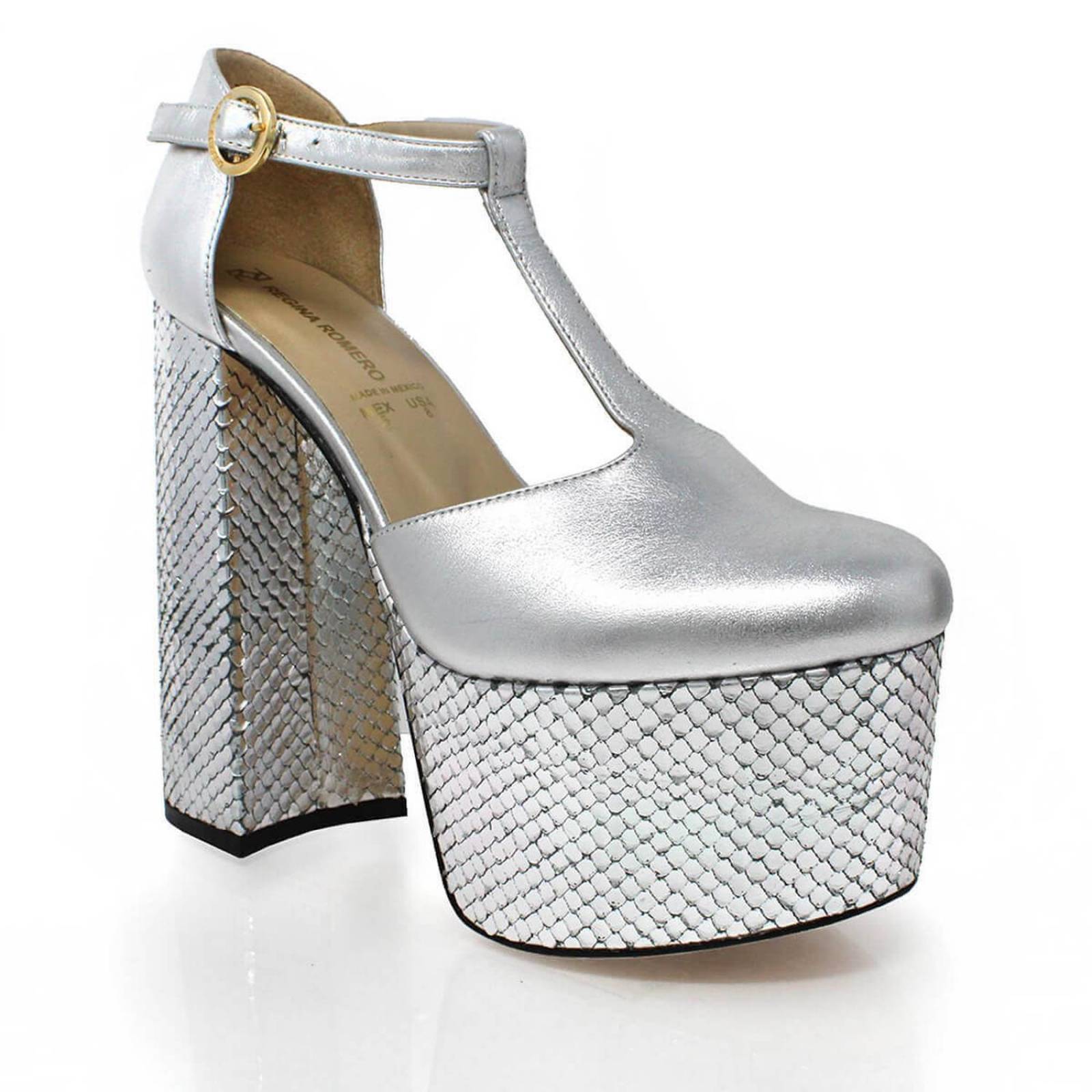 MON 150 - Plata Regina Romero Zapato Plataforma Tacon Alto para Dama en Piel 