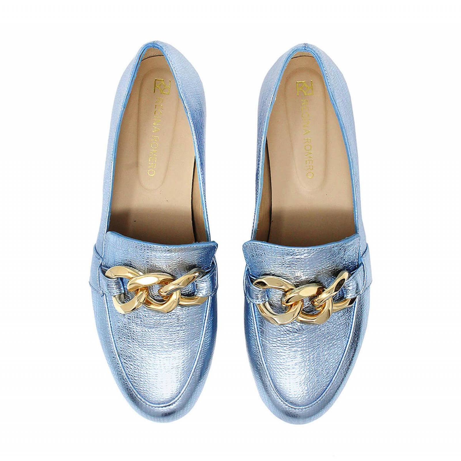 ALINE - Azul Claro Regina Romero Zapato Mocasin de Piso para Dama en Piel 