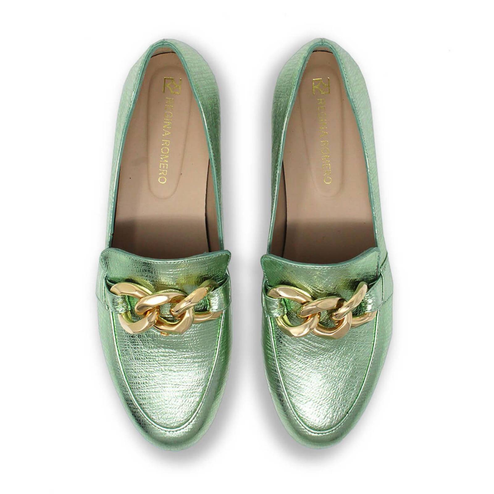 ALINE - Menta Regina Romero Zapato Mocasin de Piso para Dama en Piel 