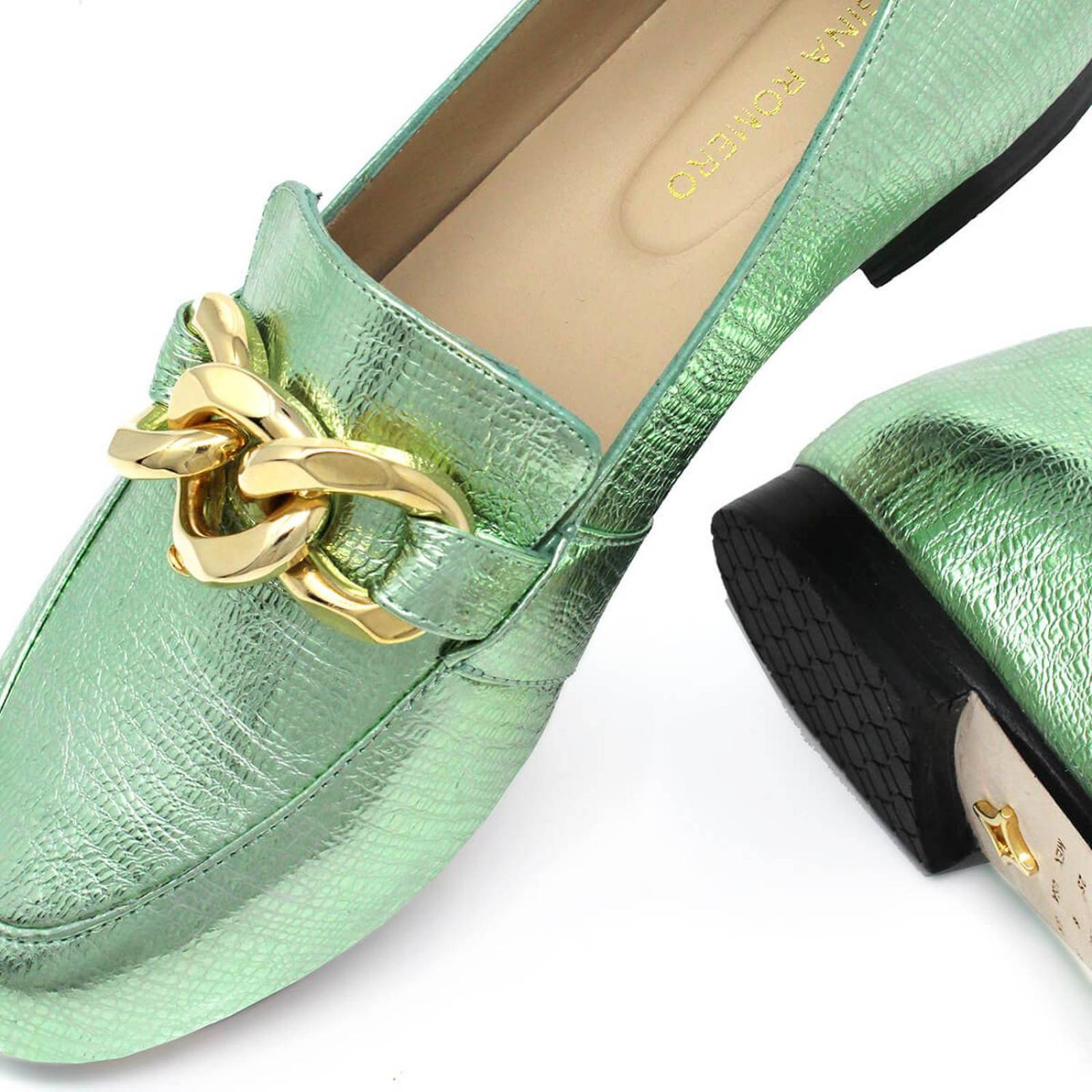 ALINE - Menta Regina Romero Zapato Mocasin de Piso para Dama en Piel 