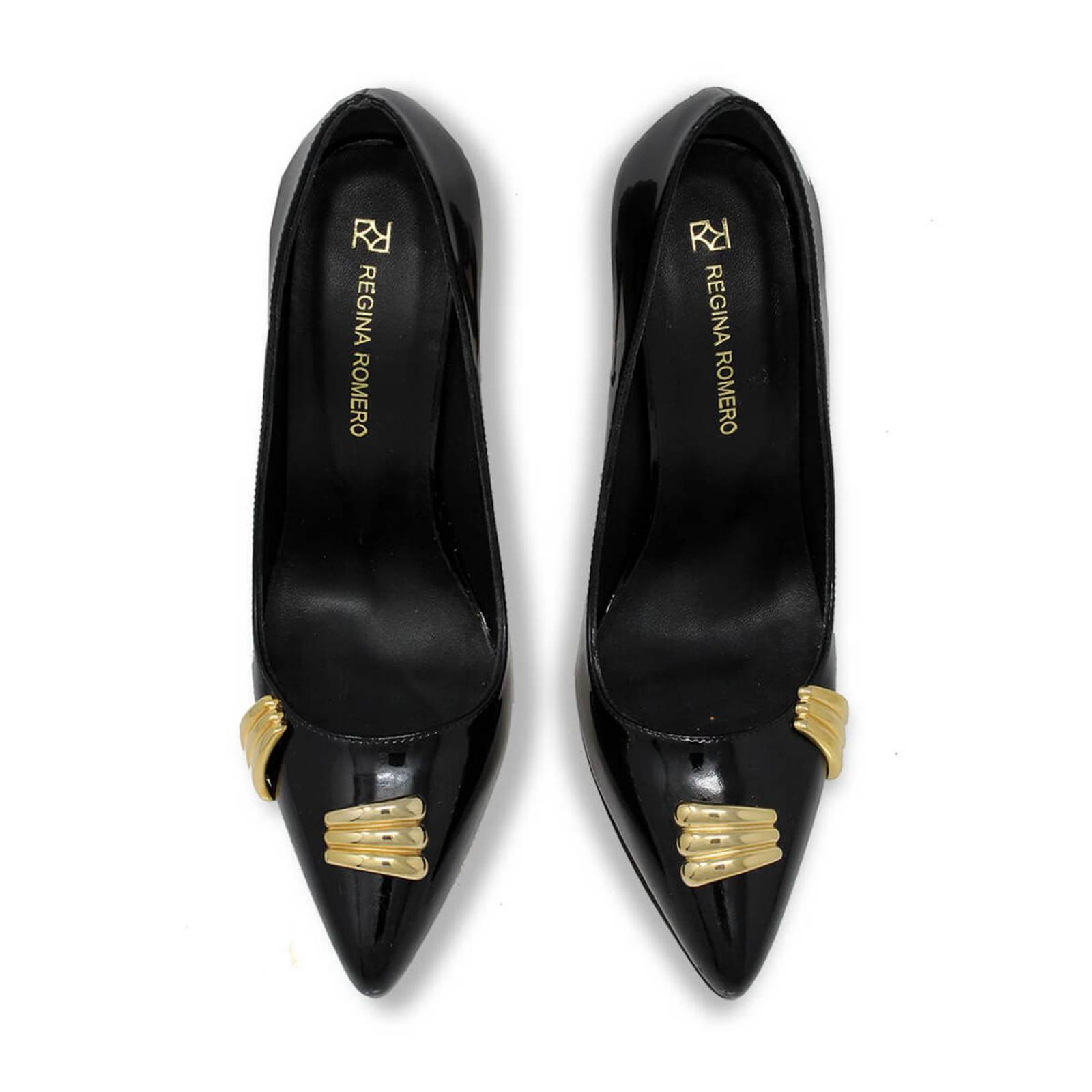 RENI 105 - Charol Negro Regina Romero Zapato Zapatilla Tacon Alto Para Dama en Piel 