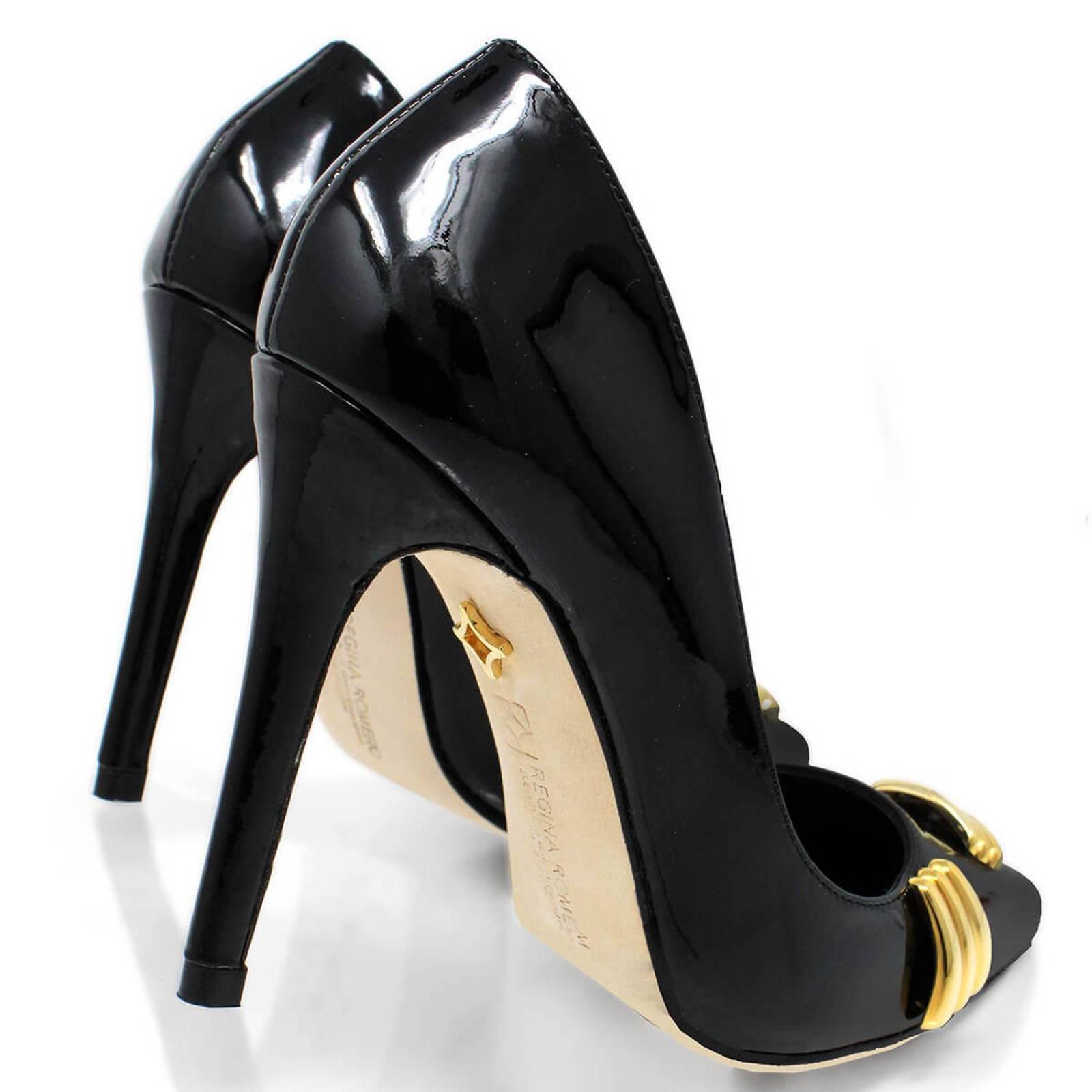 RENI 105 - Charol Negro Regina Romero Zapato Zapatilla Tacon Alto Para Dama en Piel 