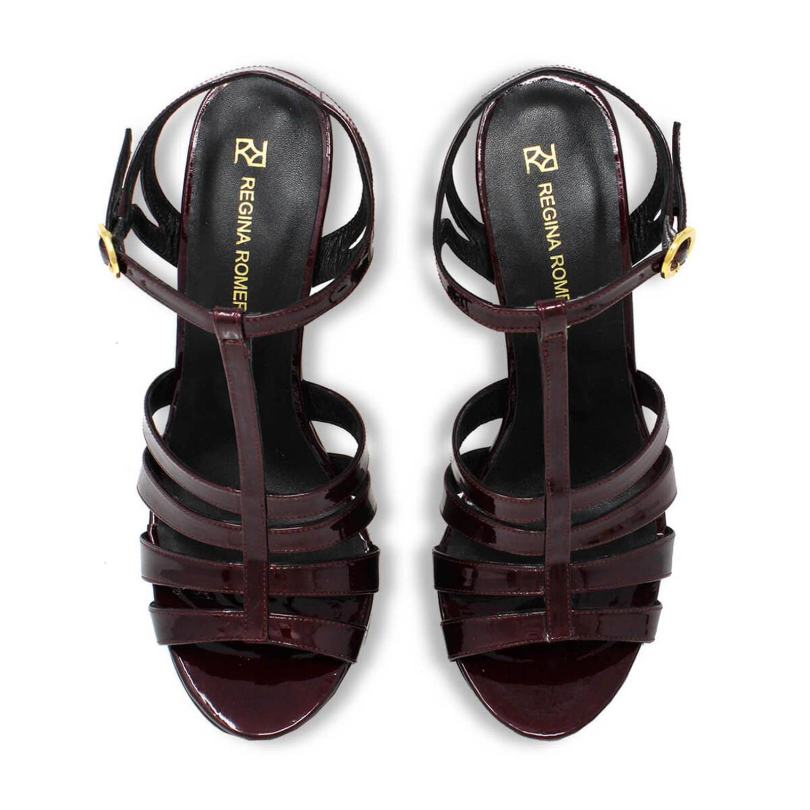 ROMI 135 - Charol Vino Regina Romero Zapato Sandalia Plataforma Tacon Alto Para Dama en Piel 