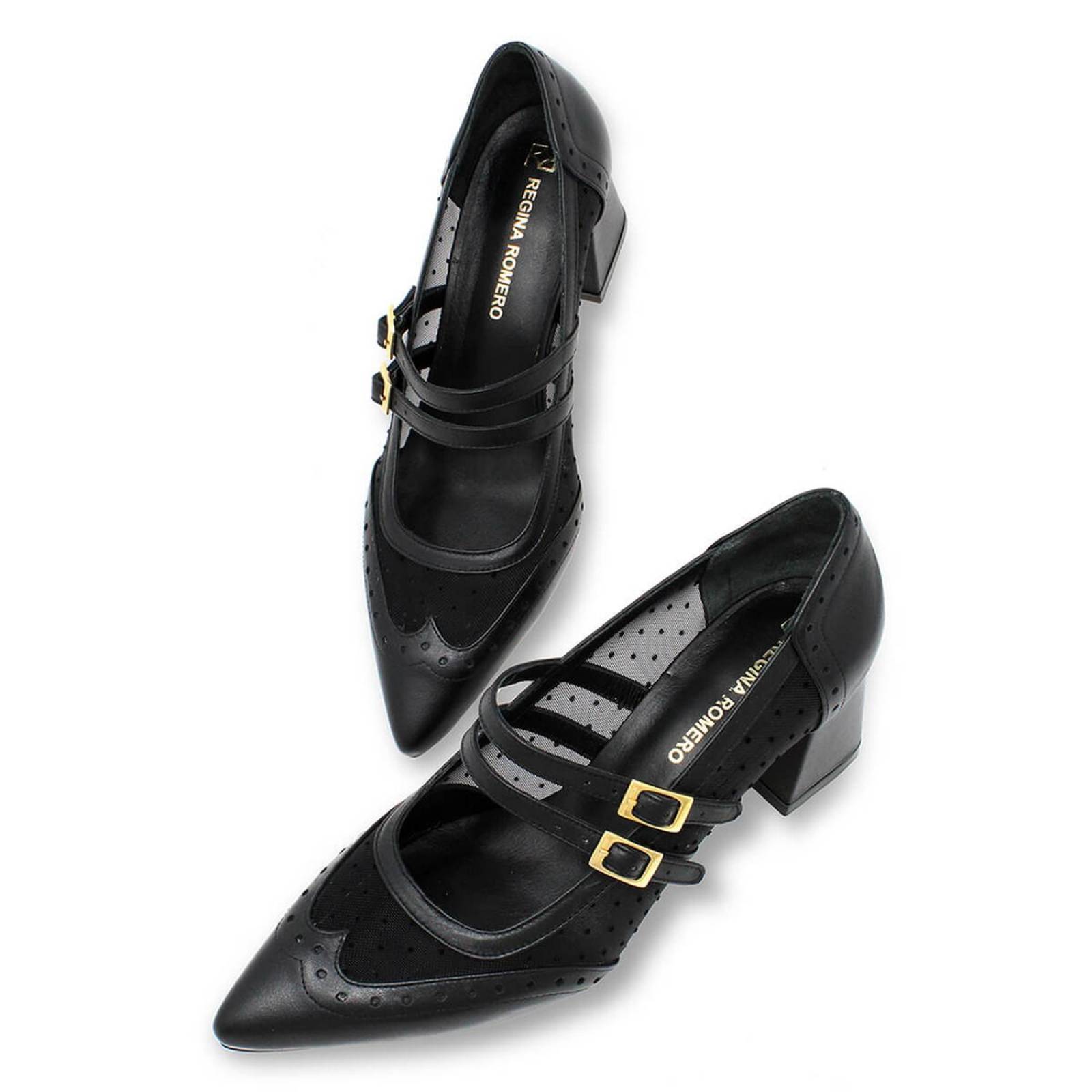 SUKI 50 - Negro Regina Romero Zapato Zapatilla Tacon Bajo Para Dama en Piel 