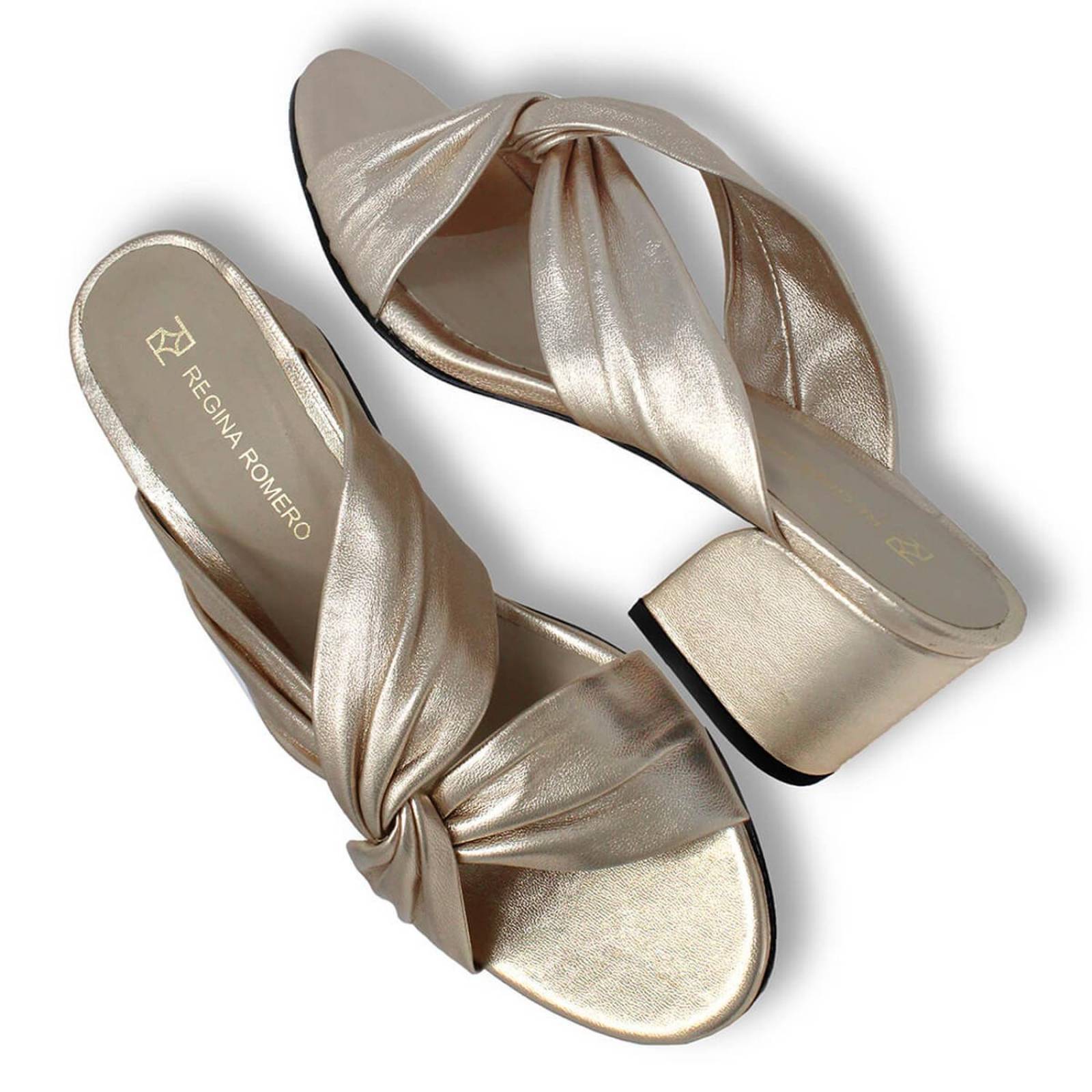 LINDA 55 - Champagne Regina Romero Zapato Sandalia Zapatilla Tacon Bajo Para Dama en Piel 