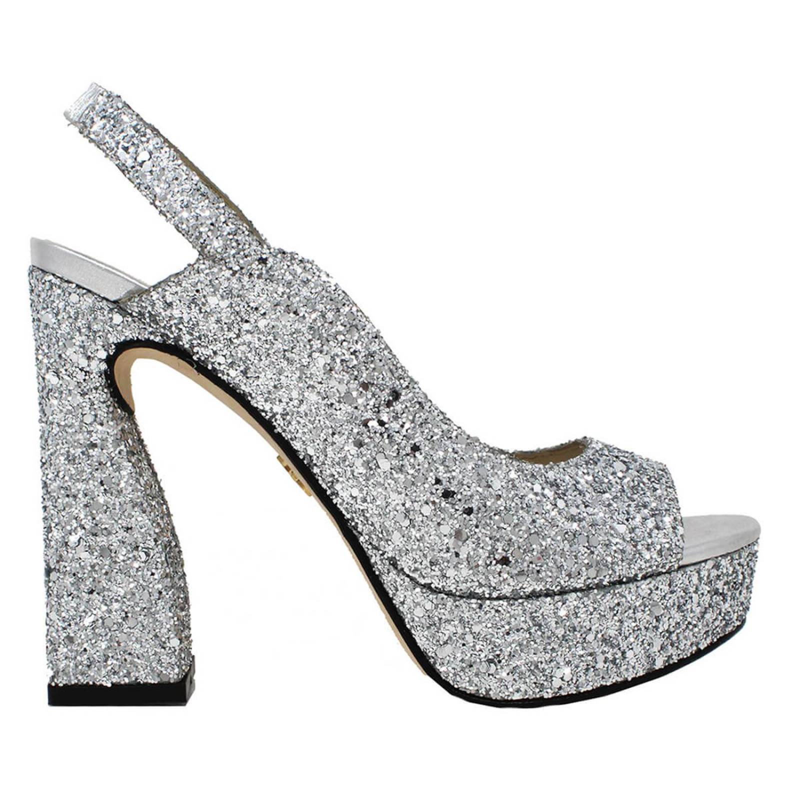 CHERYL 125 - Glitter Plata Regina Romero Zapato Sandalia Plataforma Tacon Alto Para Dama en Piel