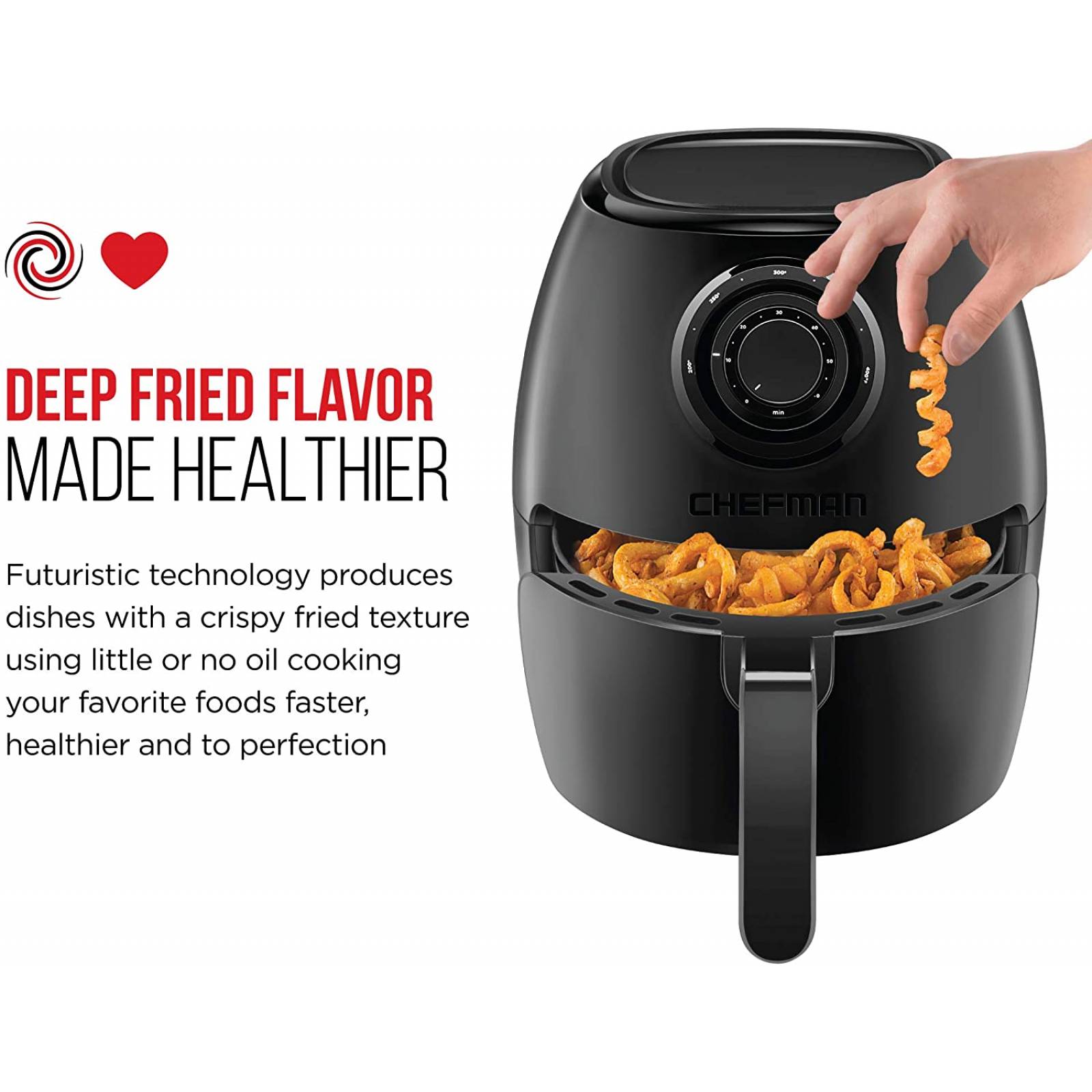 Chefman | Freidora de Aire de 3.5L | AirFryer TurboFry Fríe sin Aceite | Doble Perilla de Temperatura y Tiempo | Negro Mate RJ38-V3-DC35