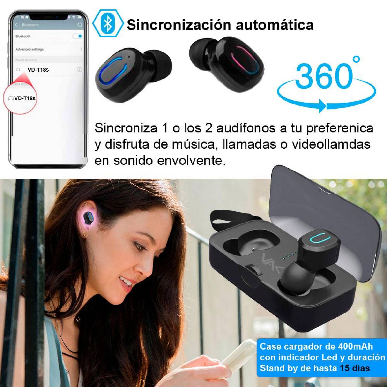 AUDIFONOS VAK T18 BLUETOOTH BASE DE CARGA MANOS LIBRES TWS .