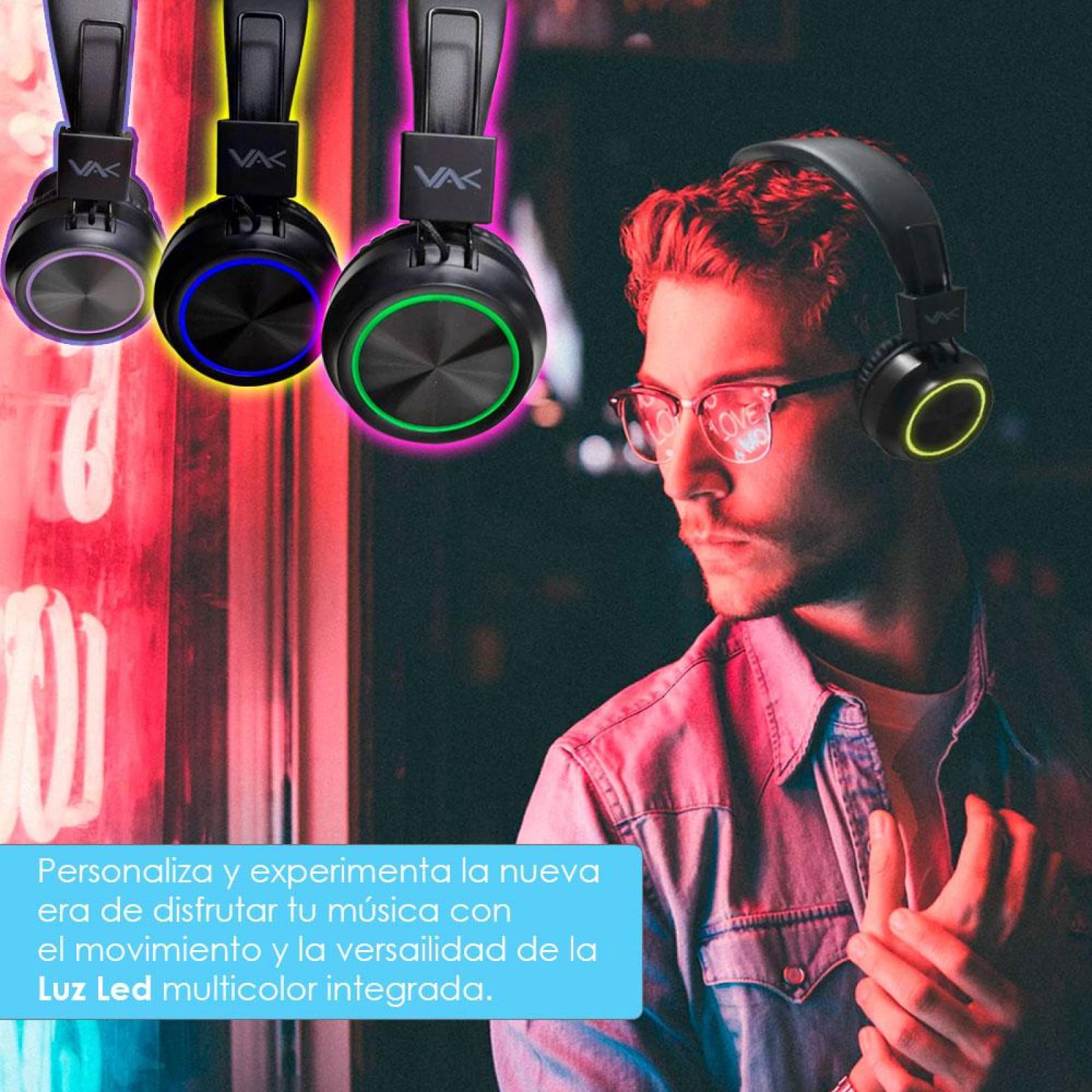 AUDIFONOS VAK 2026 BLUETOOTH FM ENTRADA SD AUX DIADEMA LED 